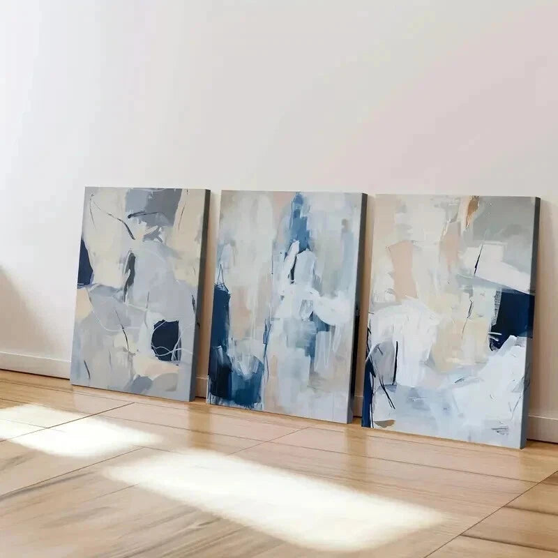 3-Piece Abstract Brush Stroke Geometric Modern Blue Wall Art Set - Framed Canvas 50x70cm | High Quality Print | 100% Australian Made | Ready to Hang | Perfect for Living Room, Bedroom & Office Decor