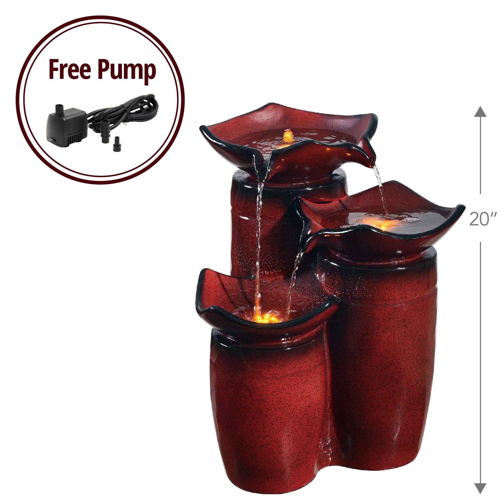 Teamson Home 3-Tier Outdoor Water Fountain with LED Lights & Pump - 20 Inch Gradient Red Glazed Ceramic Floor Fountain for Garden, Patio, Backyard, Deck Decor | Perfect for Relaxing Ambience, Zen Meditation Spaces & Landscape Enhancement