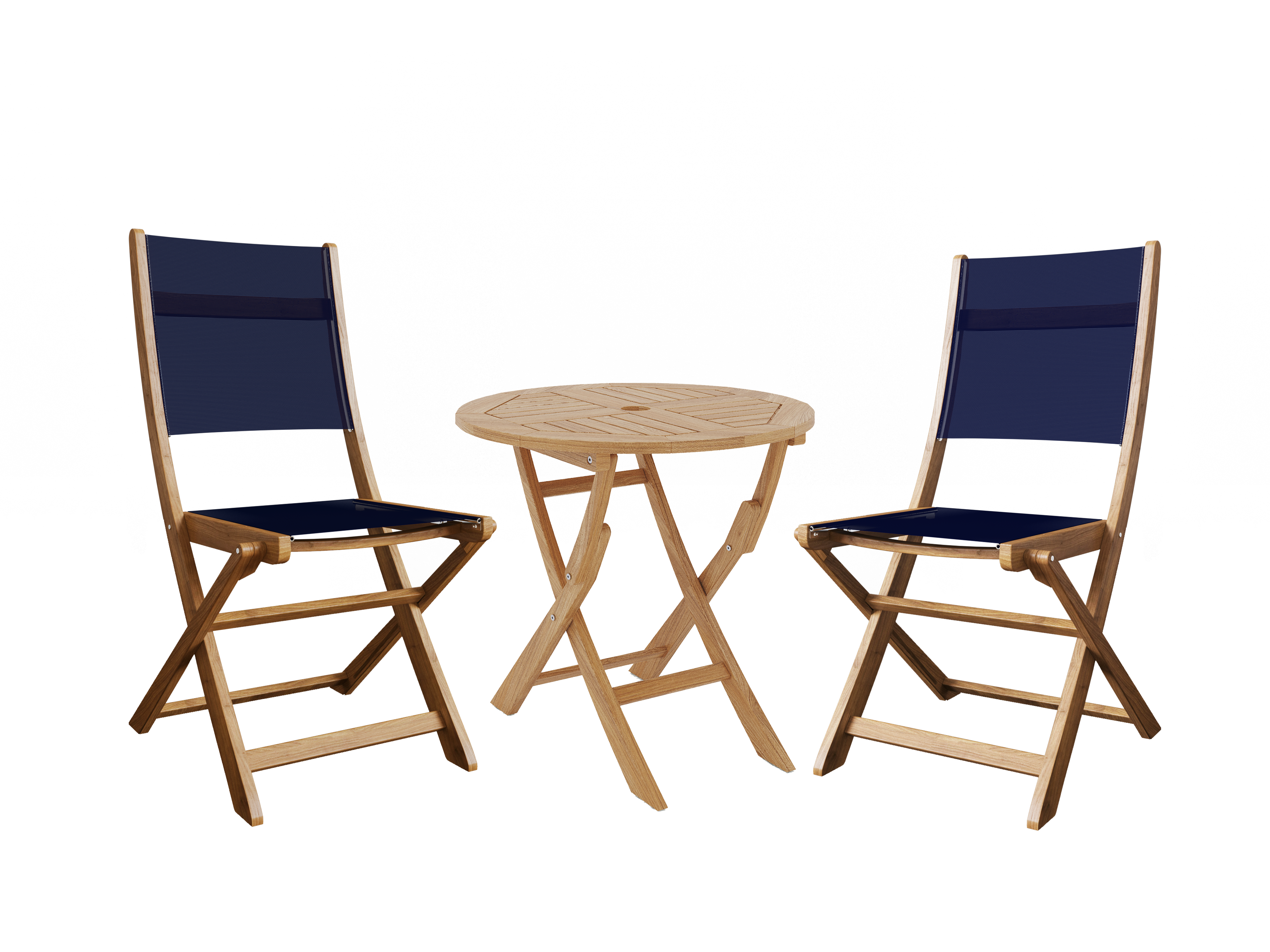 Premium 3-Piece Round Teak Outdoor Bistro Set - Folding Table & Chairs in Ocean Blue | Patio, Garden, Balcony Dining Furniture for Small Spaces