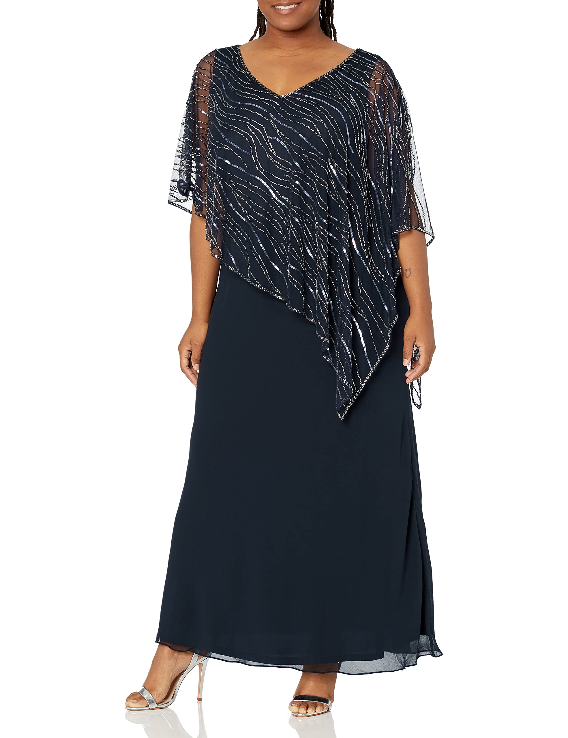 J Kara Women's Plus Size Beaded Maxi Dress for Special Occasions - Elegant Long Sleeve Party Gown for Weddings, Evening Events & Holiday Celebrations