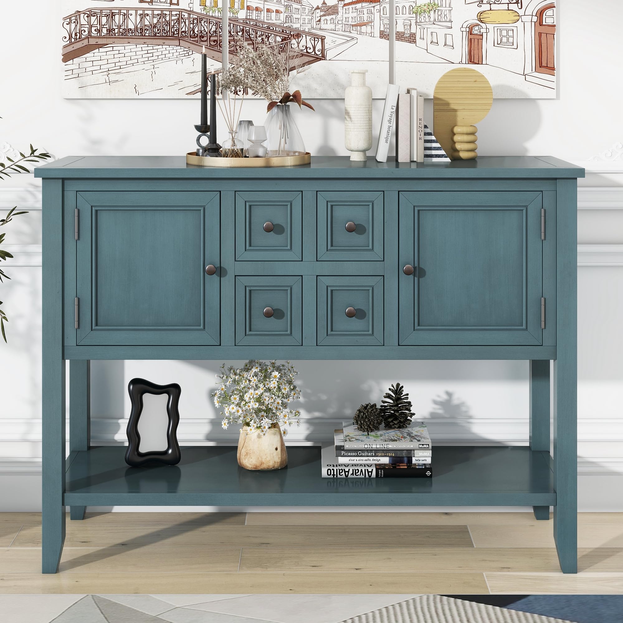 Retro Style Dark Blue Wood Console Table with Bottom Shelf & Storage Drawers - Buffet Sideboard for Living Room, Kitchen, or Entryway - Perfect for Home Decor & Extra Storage Space