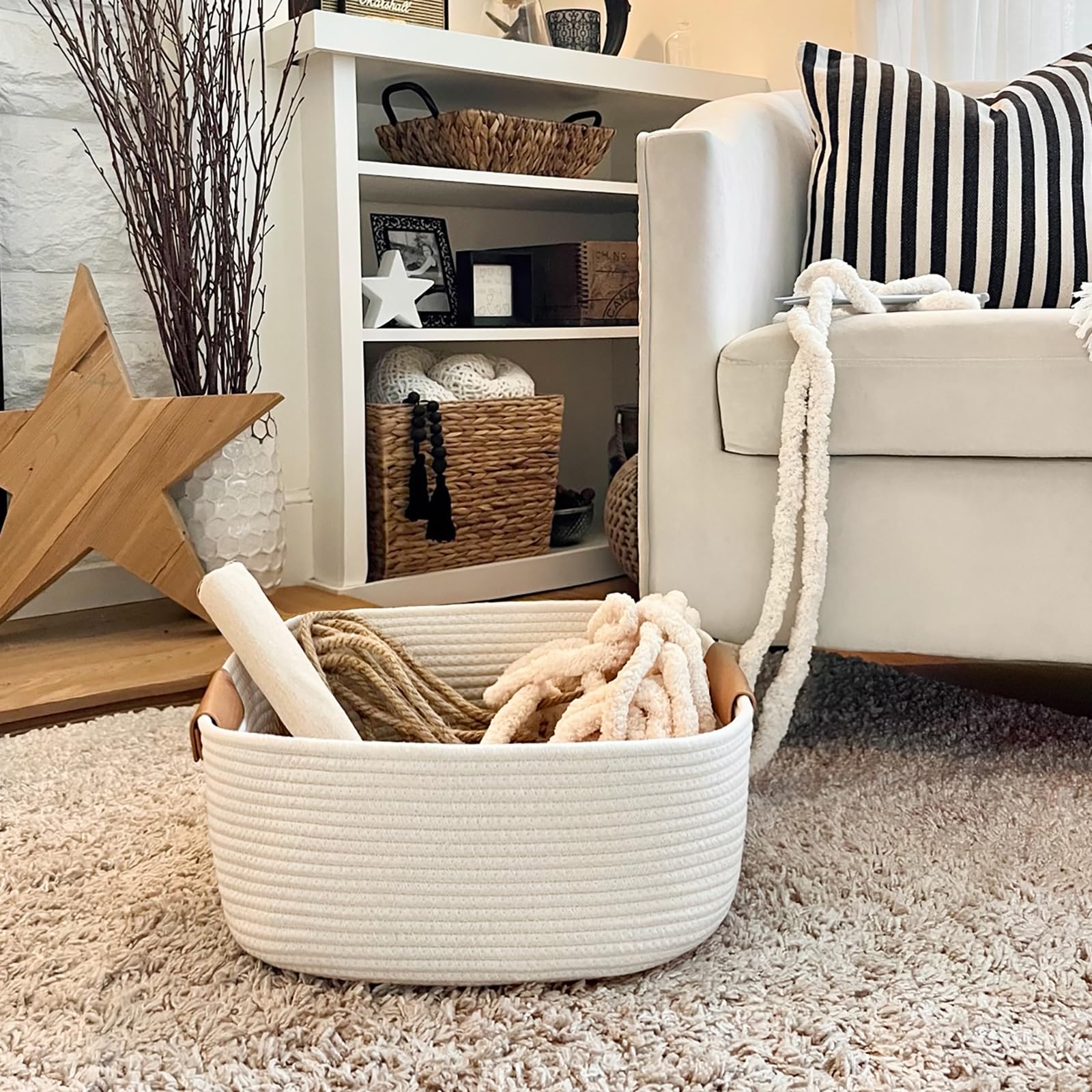 CHICVITA White Woven Storage Basket - Baby Gift Basket for Toys, Books & Towels, Rope Organizer for Nursery, Living Room & Bathroom Decor | Perfect for Baby Showers, Home Organization & Stylish Storage Solutions