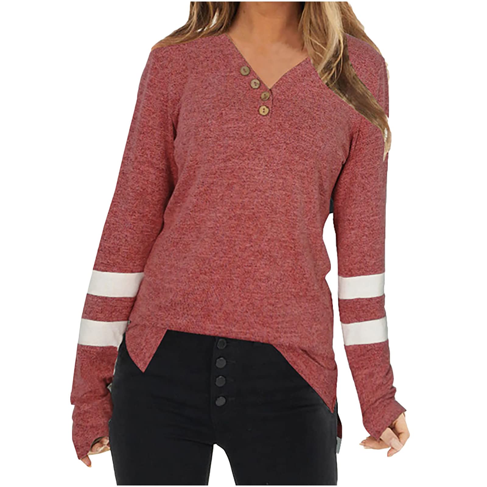 Ussuma Women's Long Sleeve Henley T-Shirt - V-Neck Button Down Pullover Sweatshirt | Lightweight Casual Blouse for Everyday Wear, Work & Fall Layering
