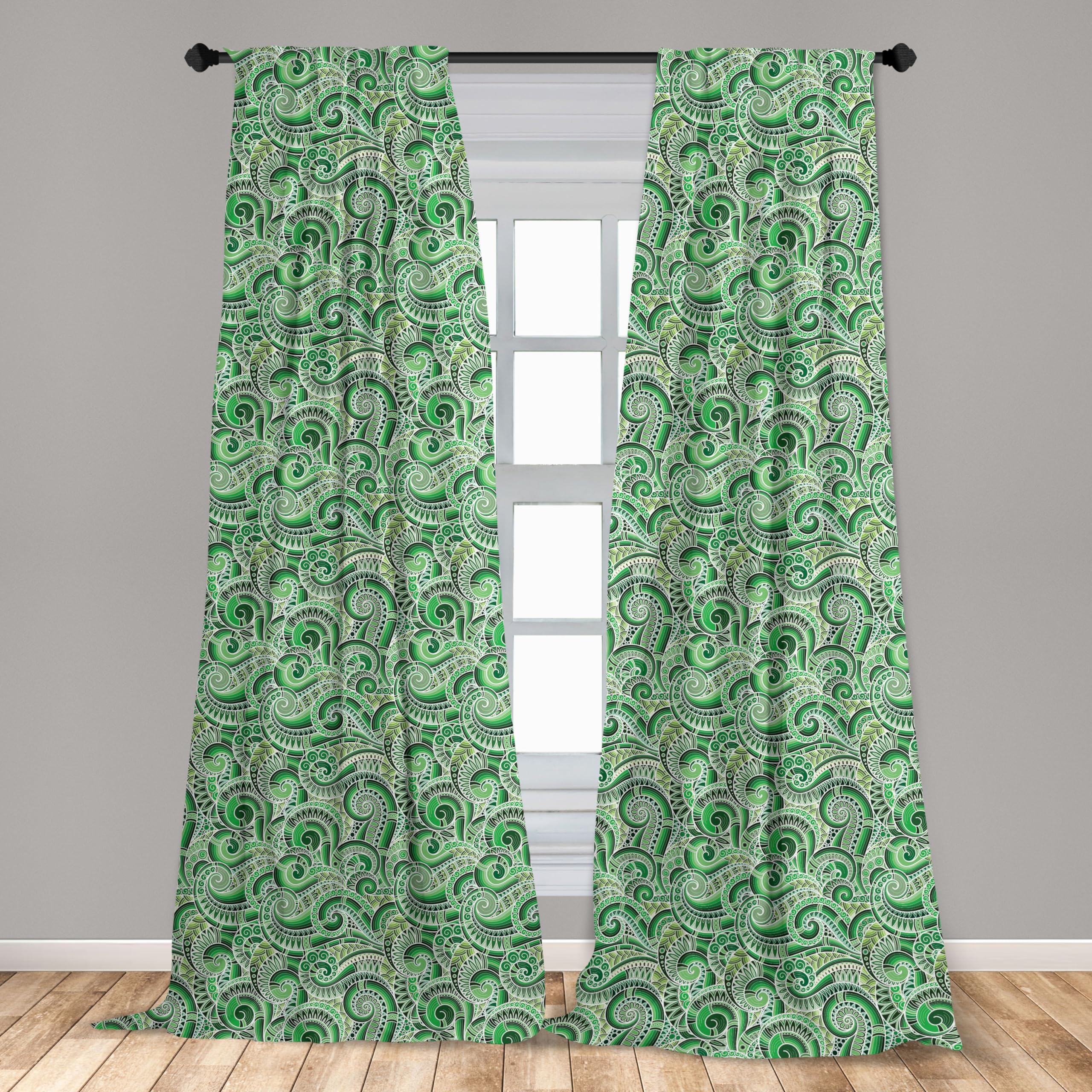 Ambesonne Floral Retro Window Curtains - Black & Green Swirl Design, Lightweight Rod Pocket Panels (28
