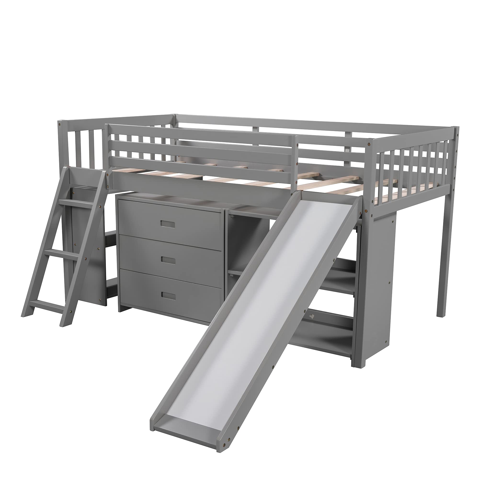 Solid Wood Low Loft Bed for Kids - Twin Size with Convertible Slide & Ladder, Wooden Loft Bed with Built-in Bookcase & 3-Tier Drawers, Space-Saving Design - Perfect for Small Bedrooms, Dorm Rooms & Kids' Play Areas