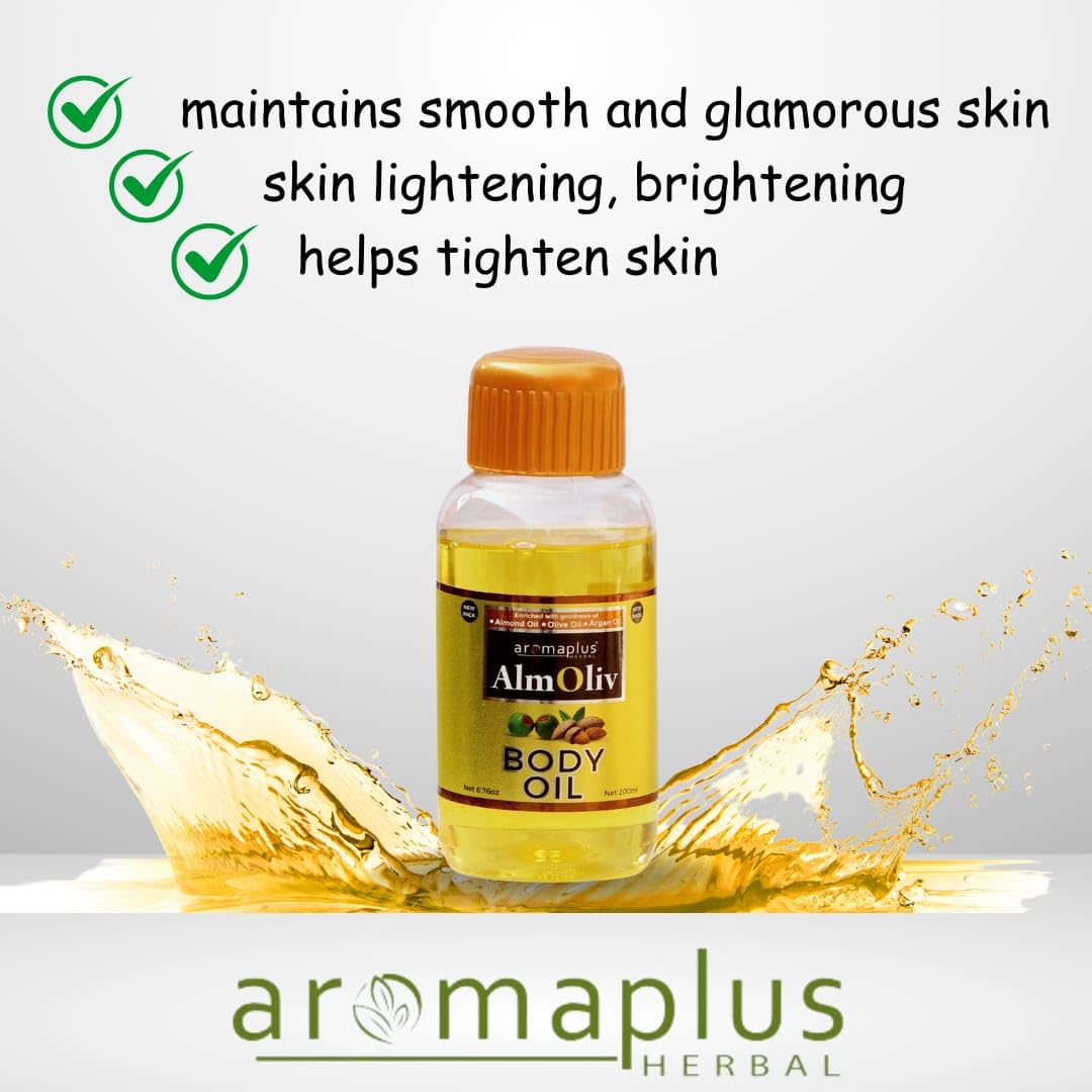 Aromaplus Almolive Body Oil - Enriched with Almond Oil, Olive Oil & Argan Oil for Deep Hydration | 200ml | Perfect for Dry Skin, Massage & Aromatherapy