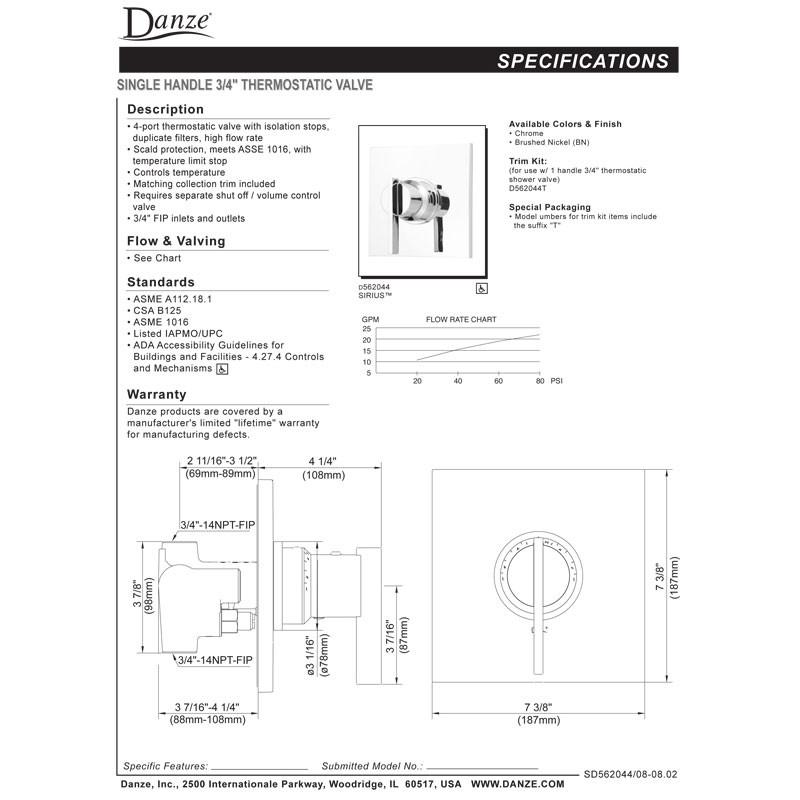 Danze Sirius Brushed Nickel Thermostatic Shower Valve Set with High Flow & Rough-In Valve - Perfect for Modern Bathroom Renovations and Spa-Like Shower Experiences