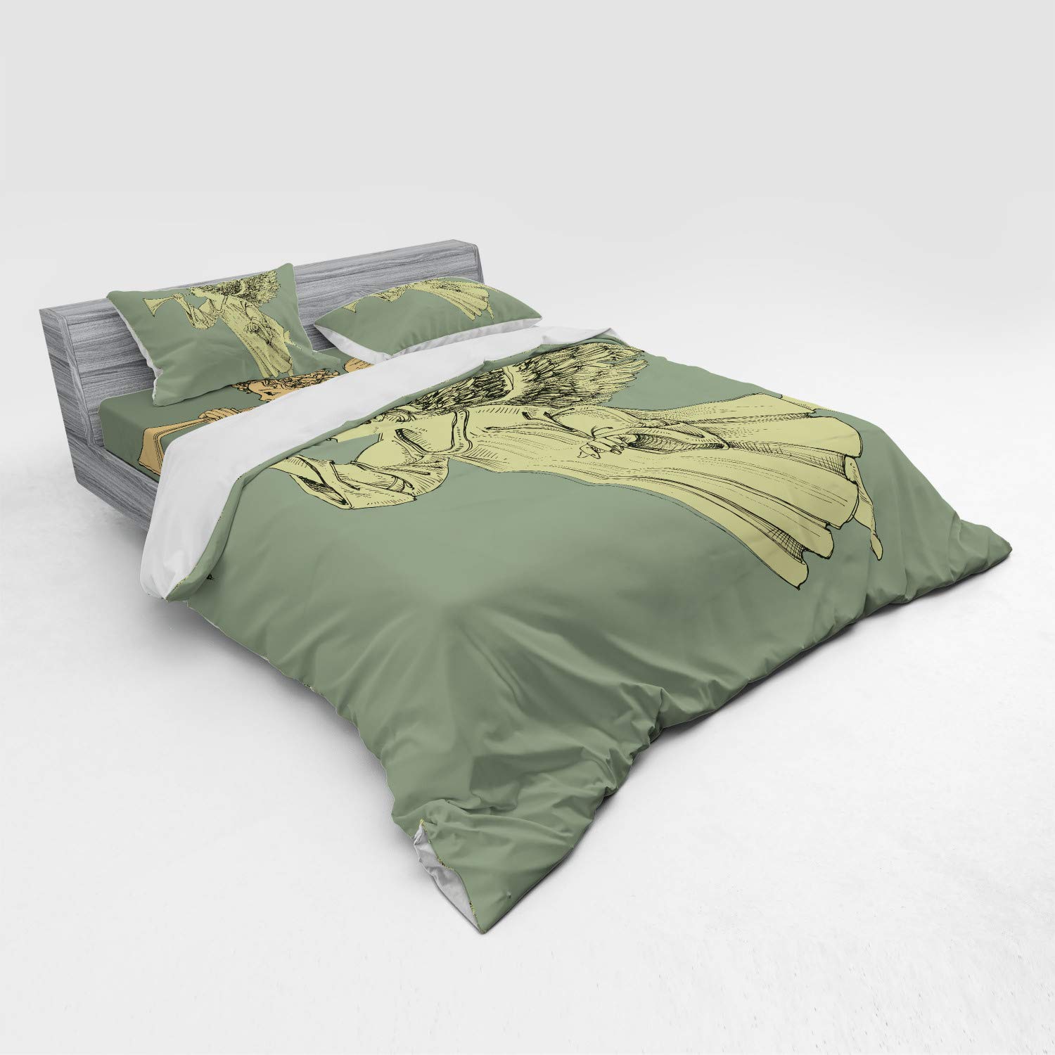 Ambesonne Christmas Duvet Cover Set - Flying Angel with Trumpet Mythological Art 4-Piece Bedding (King Size, Yellow Mint) for Holiday Decor & Cozy Winter Nights