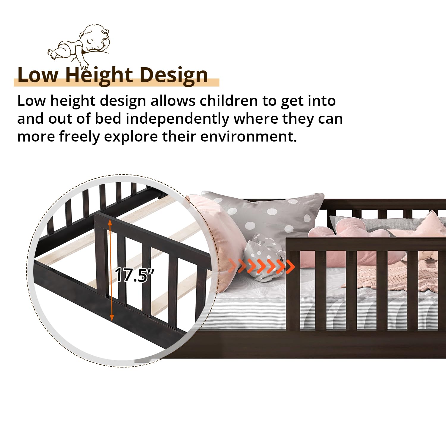 Montessori Twin Floor Bed for Kids - Solid Wood Frame with Sturdy Slats & Safety Rail - Durable Toddler Bed for Boys, Girls & Teens - Espresso Finish - Perfect for Montessori Rooms, Daycare or Small Spaces