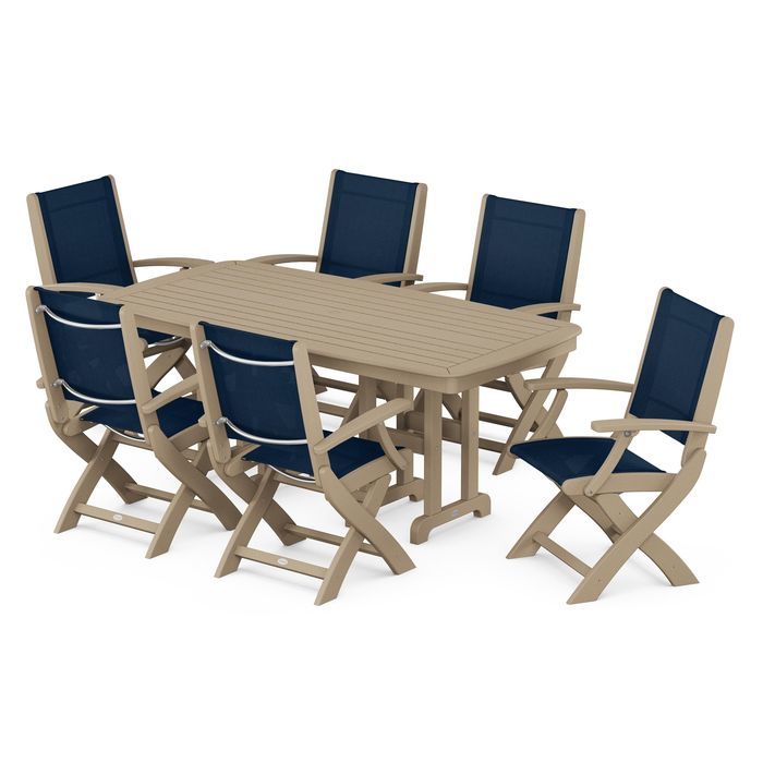 POLYWOOD Coastal Folding Arm Chair 7-Piece Outdoor Dining Set - Perfect for Patio, Deck, Poolside & Beachfront Entertaining