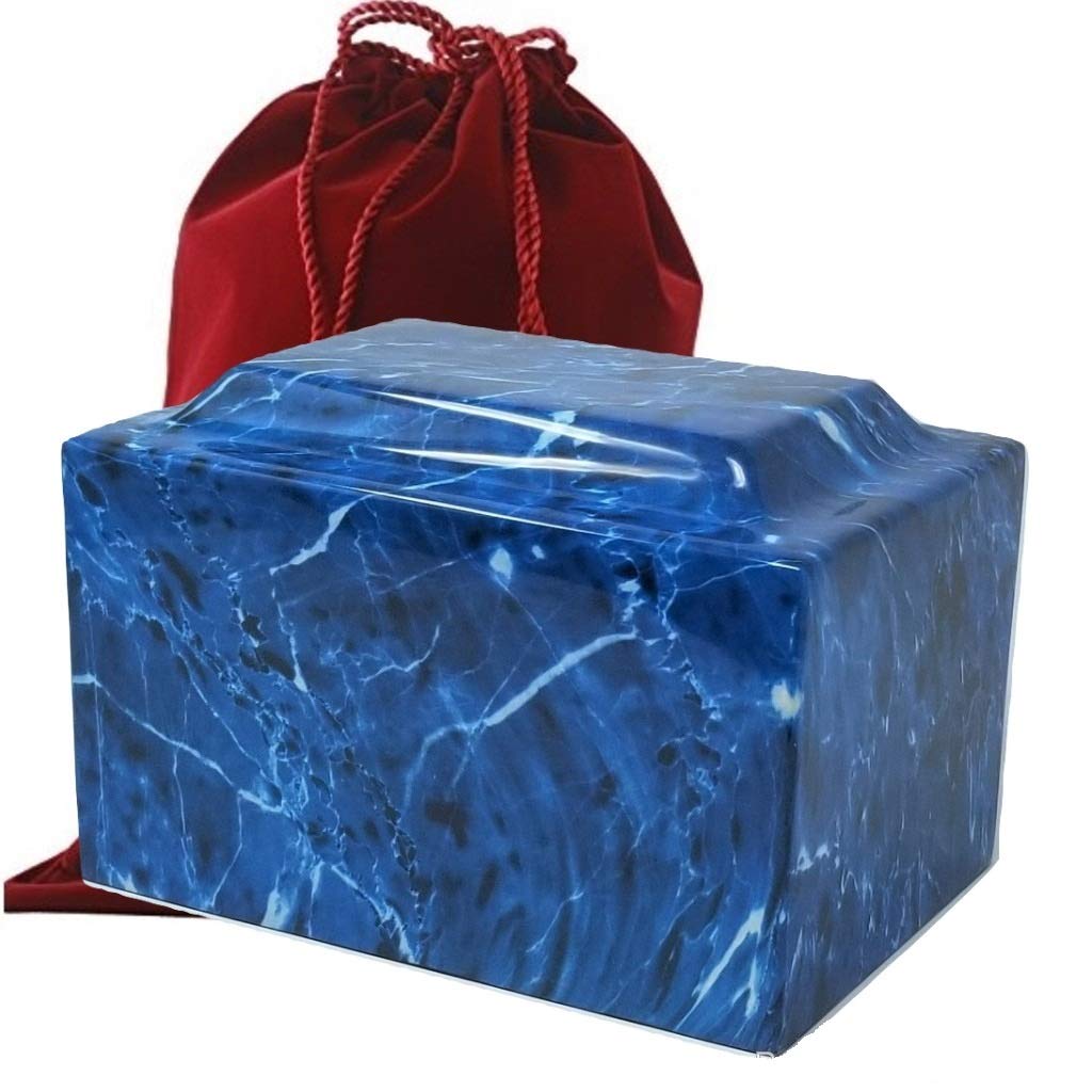 Handcrafted Fiber Glass Cube Urn with Marble Finish - Lightweight Adult Cremation Urn for Ashes - Includes Free Velvet Bag & Ash Bag (Aqua) - Perfect for Funeral Services, Memorials & Home Display
