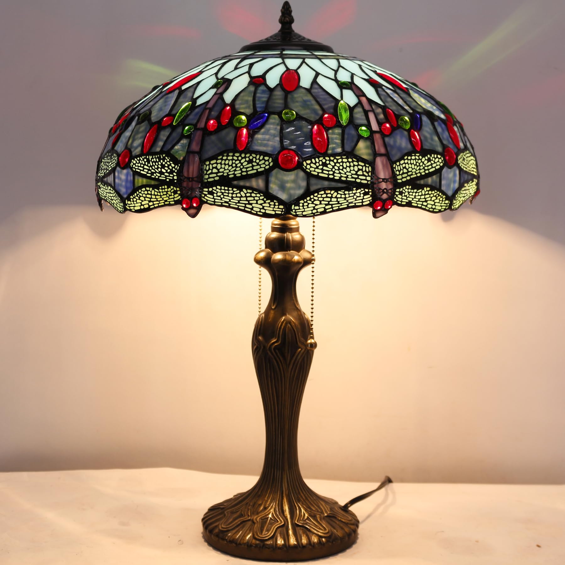 Tiffany Style Table Lamp - Blue Stained Glass Dragonfly Design with Metal Base, 16x16x24 Inches, Bedside Desk Reading Light for Bedroom, Living Room & Home Office Decor | Perfect for Cozy Reading Nooks & Elegant Home Accents (S004 Series)