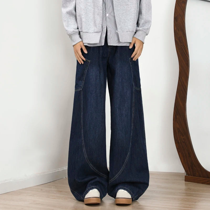American Style Men's Denim Jeans - Straight Leg Casual Pants with Side Pockets & Letter Design, Solid Color Wide Bottom (Style 9C9272) | Perfect for Everyday Wear, Street Fashion & Casual Outings