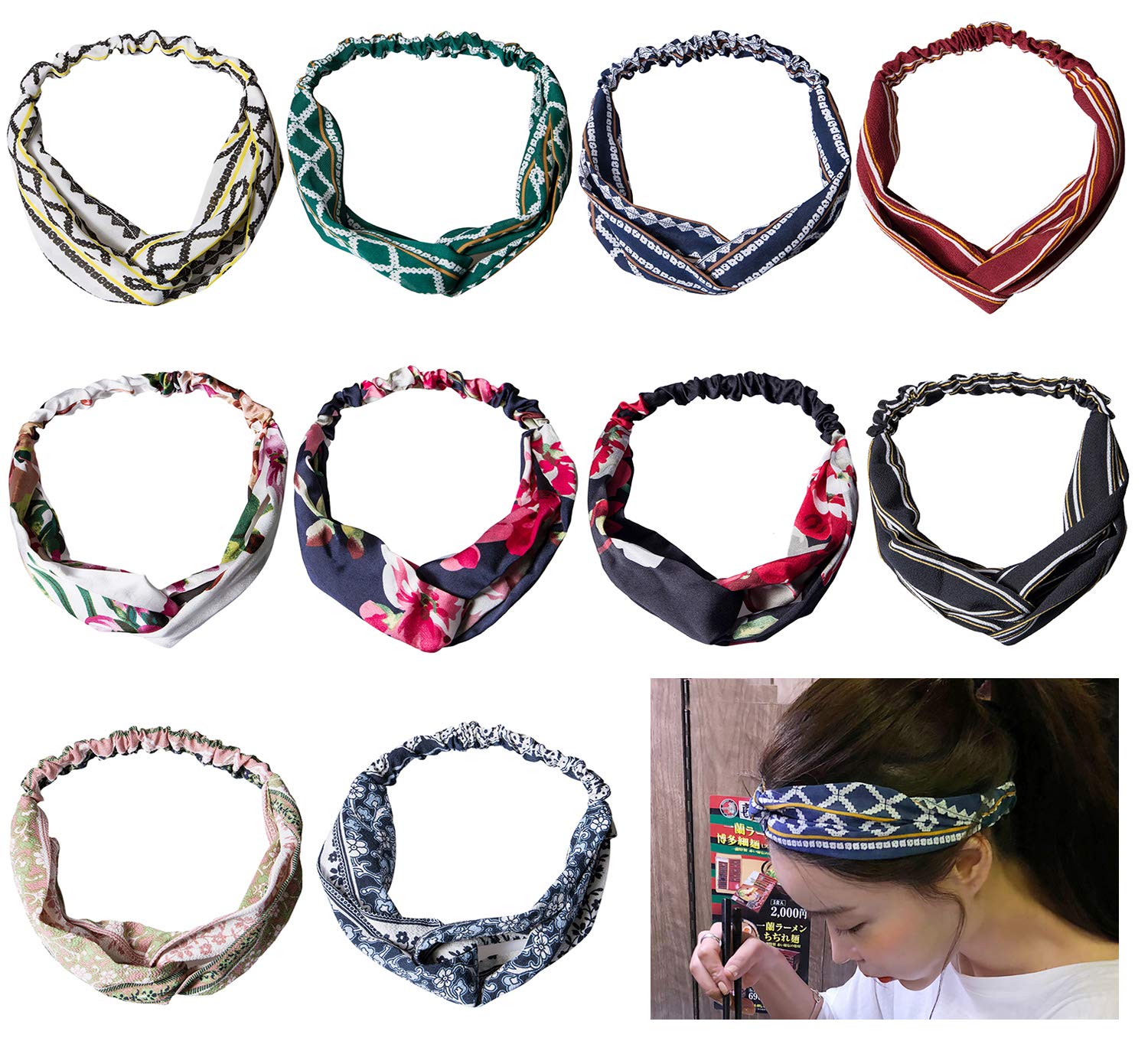 10 Pack Boho Headbands for Women - Criss Cross Elastic Head Wraps Floral Hair Bands - Stylish Hair Accessories for Yoga, Running, Workouts & Everyday Fashion