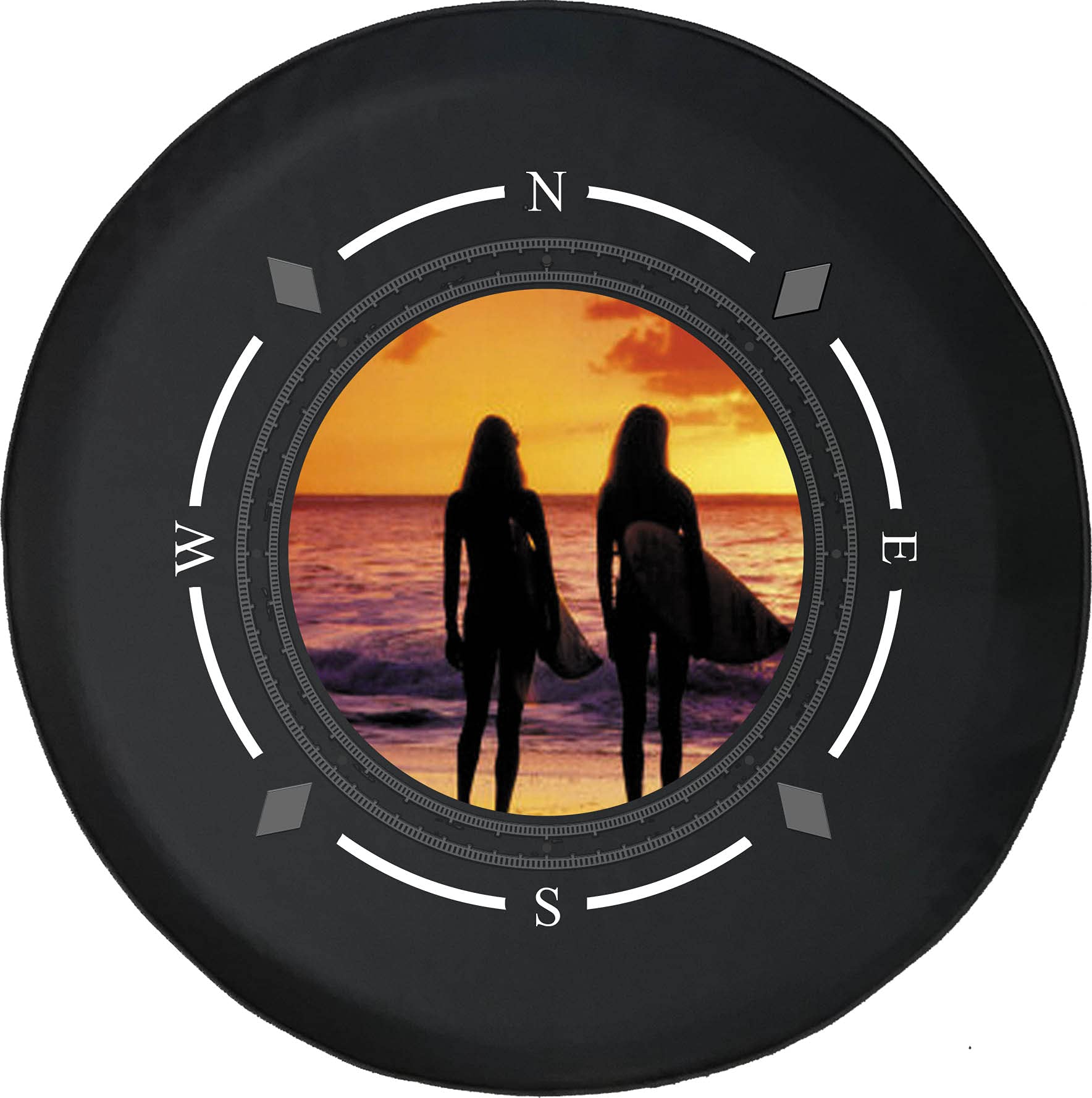 American Unlimited Spare Tire Cover with Compass & Surfer Design - Universal Fit for SUV, Trailer, RV & Most Vehicles - Perfect for Road Trips, Camping & Beach Adventures