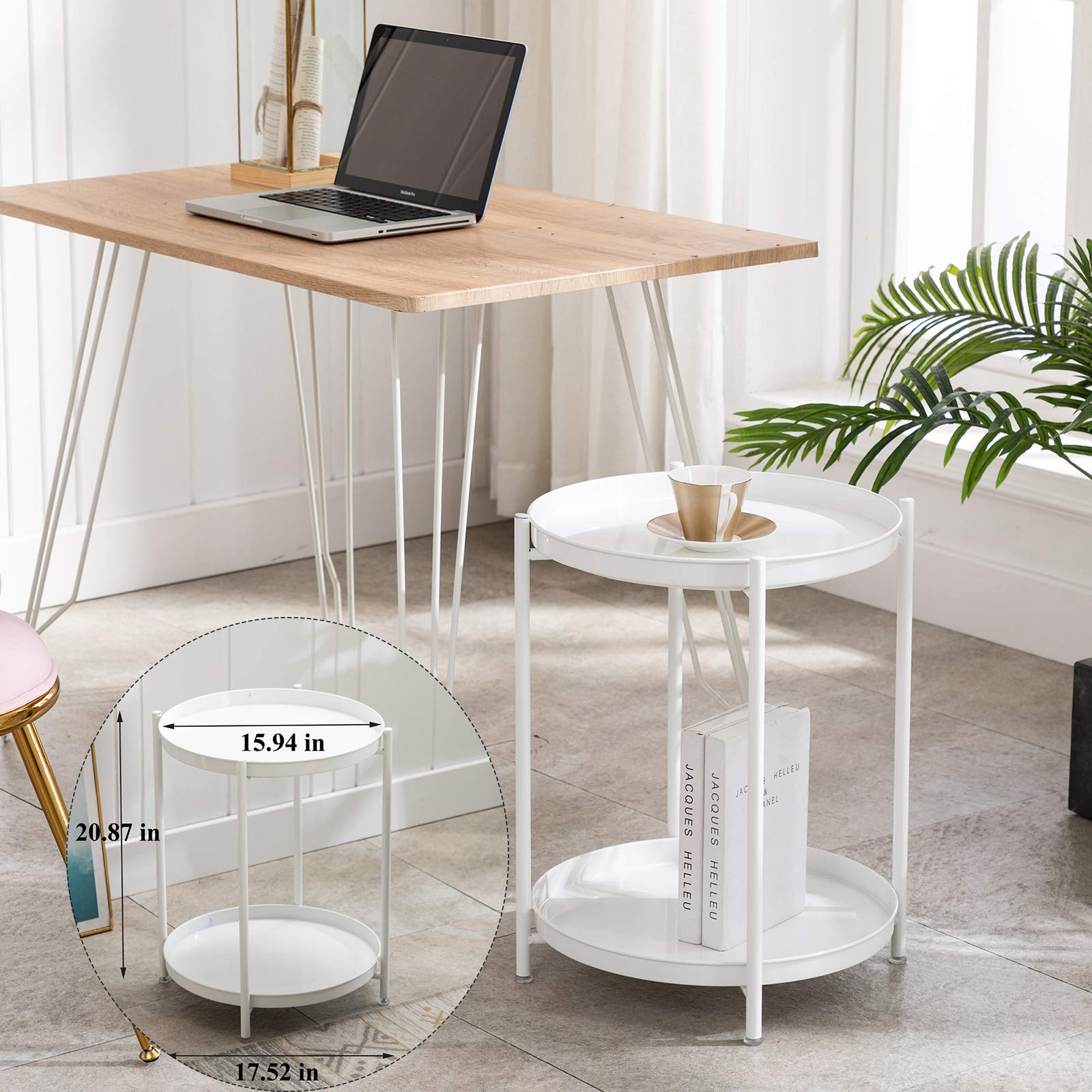 Artechworks Small Round End Table with Removable Tray - Waterproof Side Table for Living Room, Bedroom, Office & Balcony - Perfect Coffee Table for Sofa, Reading Nook & Small Spaces (White)