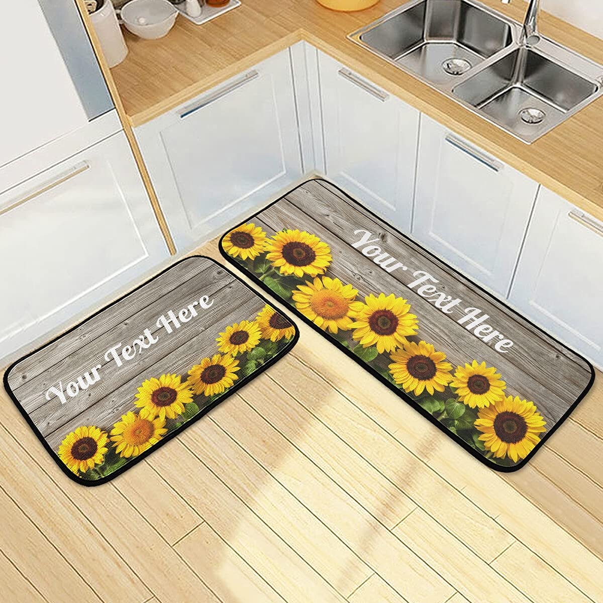 DOMIKING Custom Sunflowers Non-Slip Kitchen Rugs - 2PC Farmhouse Style Foam Standing Mats for Floors, Personalized Home Decor - Perfect for Kitchen, Entryway, and High-Traffic Areas