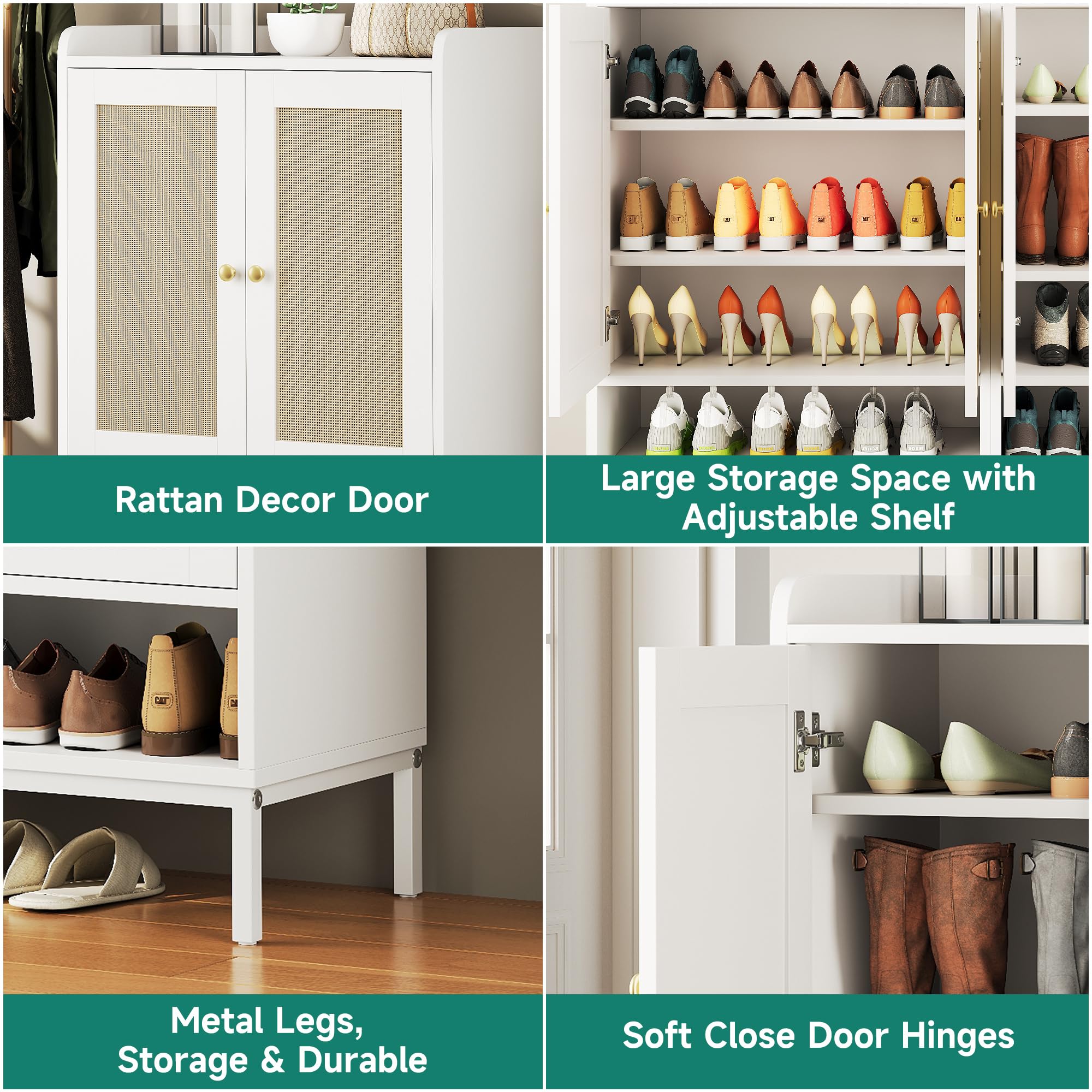 White 5-Tier Rattan Shoe Cabinet with Adjustable Shelves - Entryway Shoe Storage Organizer for 20 Pairs - Perfect for Hallway, Closet & Living Room - Space-Saving Home Decor Solution