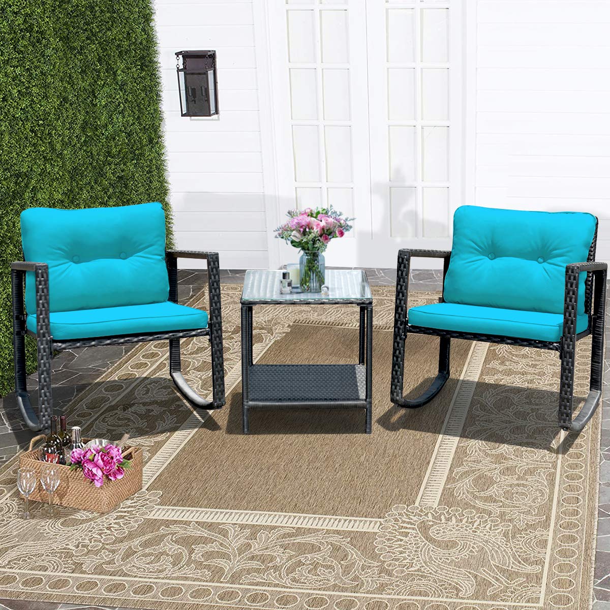 Tangkula 3-Piece Outdoor Wicker Rocking Bistro Set with Cushioned Chairs, Glass Coffee Table & Storage Shelf - Turquoise Patio Furniture for Garden, Porch & Backyard Relaxation