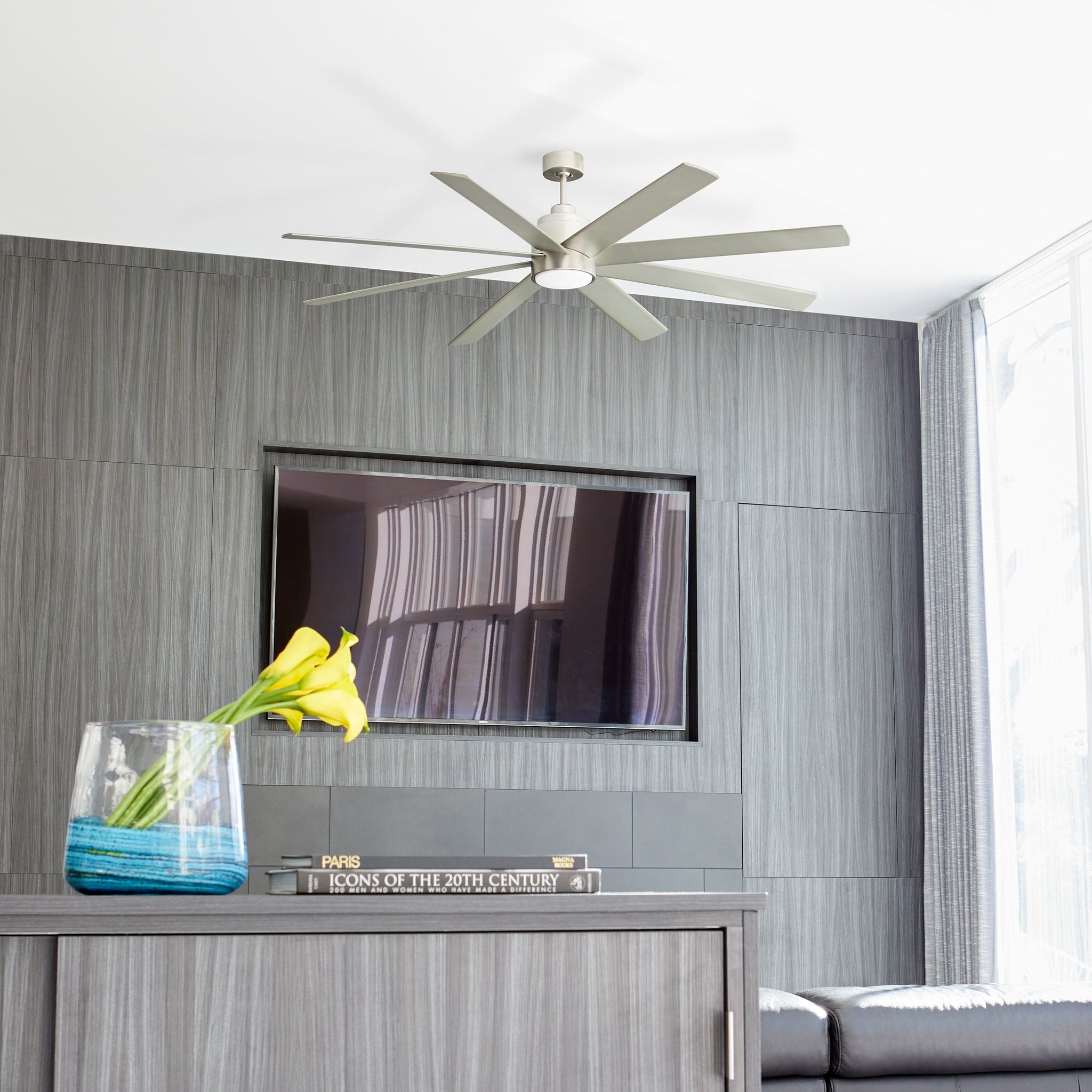 Oxygen COSMO 3 100 24 Large 70 Inch Ceiling Fan with 6 Speed Reversible Motor - Damp Rated for Indoor/Outdoor Use - Satin Nickel Finish - Perfect for Living Room, Bedroom, Patio & Covered Porch