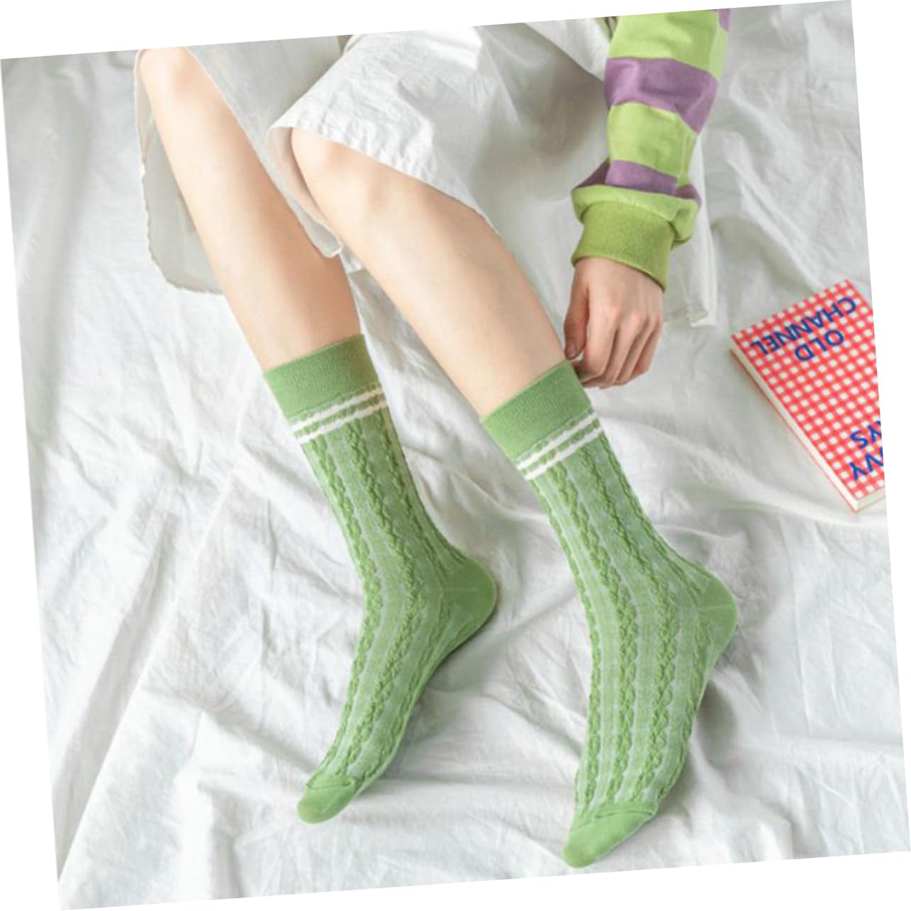 LIFKOME Women's Mid Crew Cotton Socks - Green Stripe Pattern, Comfortable Tube Stockings for Casual Wear, Running, and Everyday Use