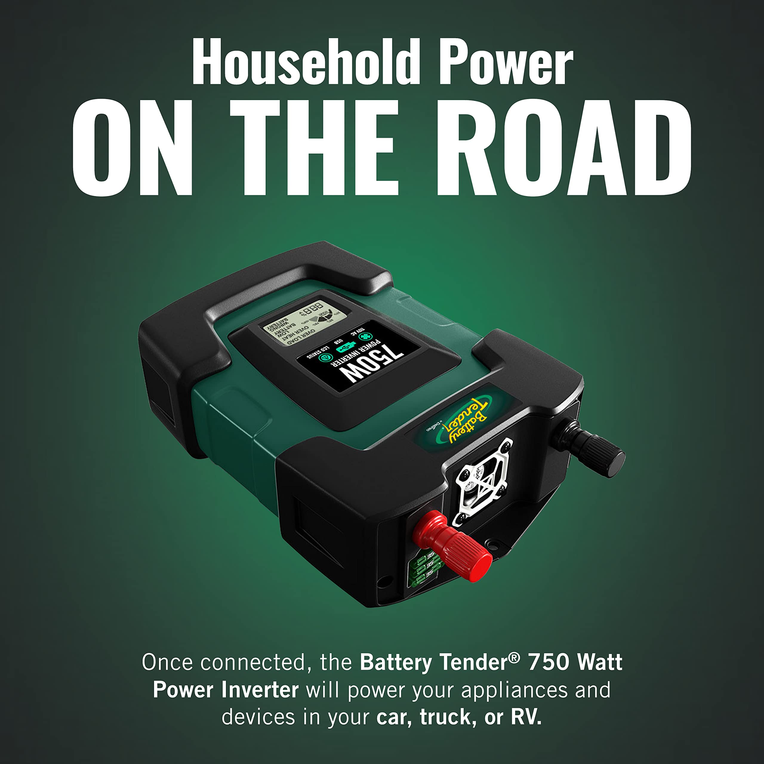 Battery Tender 750W Power Inverter with Alligator Clips - 12V DC to AC Converter with Dual USB Ports (3.1A) & 2 AC Outlets for Camping, RV, Road Trips & Outdoor Adventures