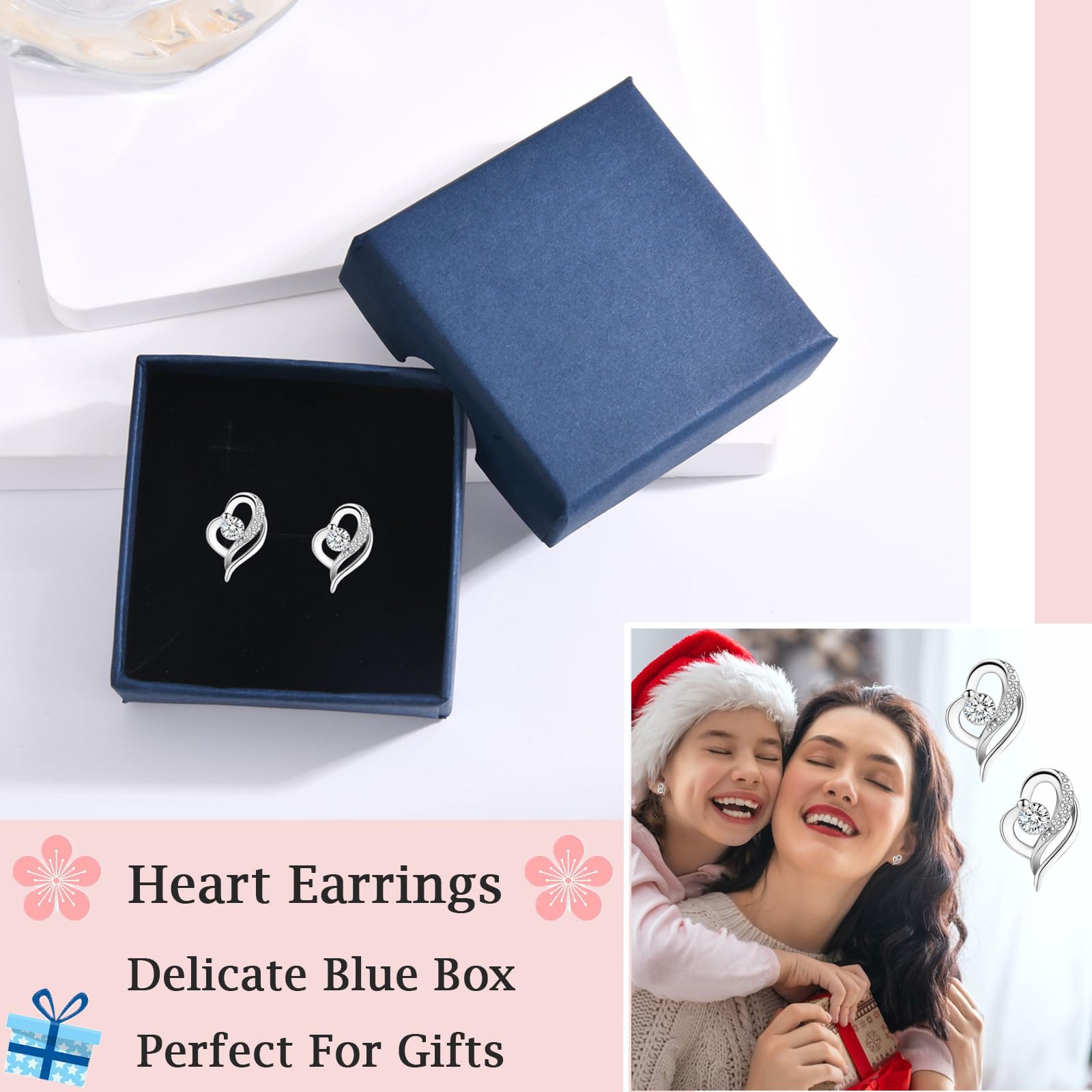 Hypoallergenic Sterling Silver Heart Stud Earrings with Cubic Zirconia for Women - Elegant Jewelry Gift for Birthday, Christmas & Anniversary - Perfect for Daily Wear, Date Night & Special Occasions