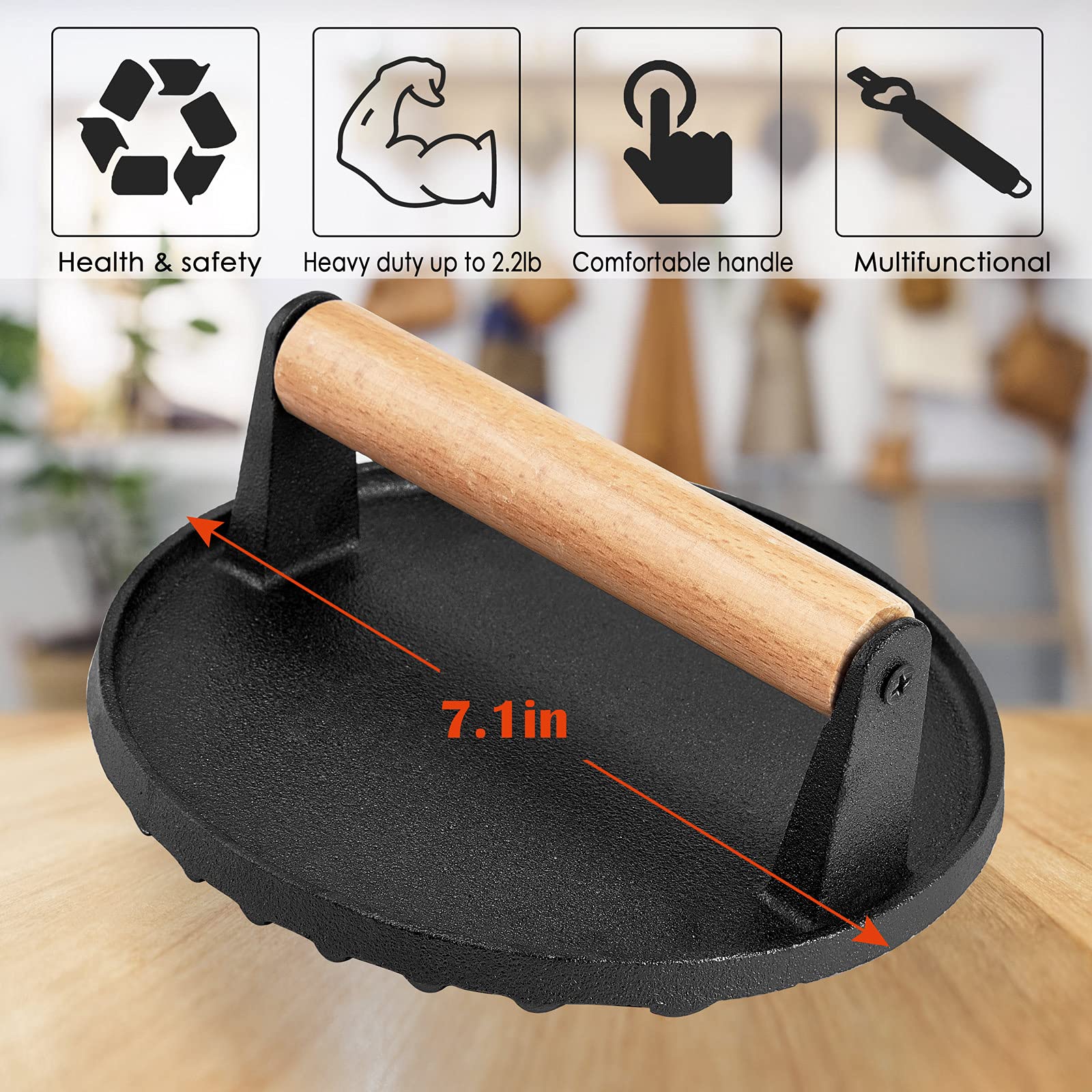 Premium HaSteeL Cast Iron Grill Press - Heavy Duty 7 Inch Bacon & Burger Press with Ergonomic Wooden Handle | Pre-Seasoned Steak Weight for Flat Top Griddle, Teppanyaki, BBQ | Perfect for Indoor & Outdoor Cooking, Camping, Backyard Parties (2-Piece Set)