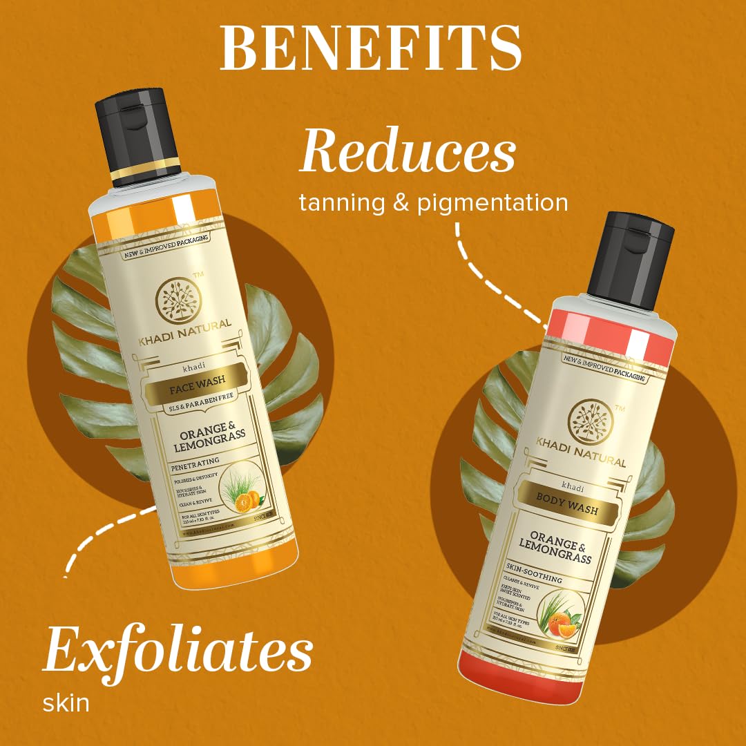 Khadi Natural Orange & Lemongrass Face Wash & Body Wash Combo (210ml Each) - Detoxifies, Cleanses Skin & Regulates Oil Production | SLS & Paraben Free | Perfect for Daily Skincare Routine & Refreshing Morning Showers