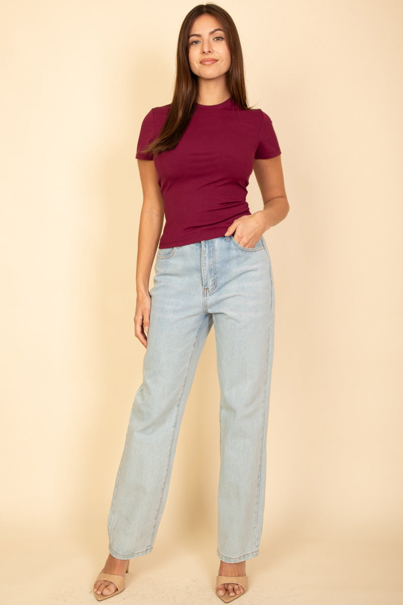 Women's Ribbed Round Neck Short Sleeve T-Shirt - Soft Stretchy Casual Basic Tee for Everyday Wear, Workout & Layering