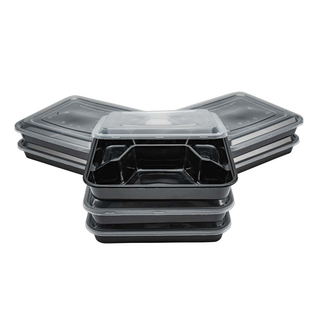 34 oz Black Plastic 4-Compartment Meal Prep Containers with Clear Lids - Microwave Safe (8.75