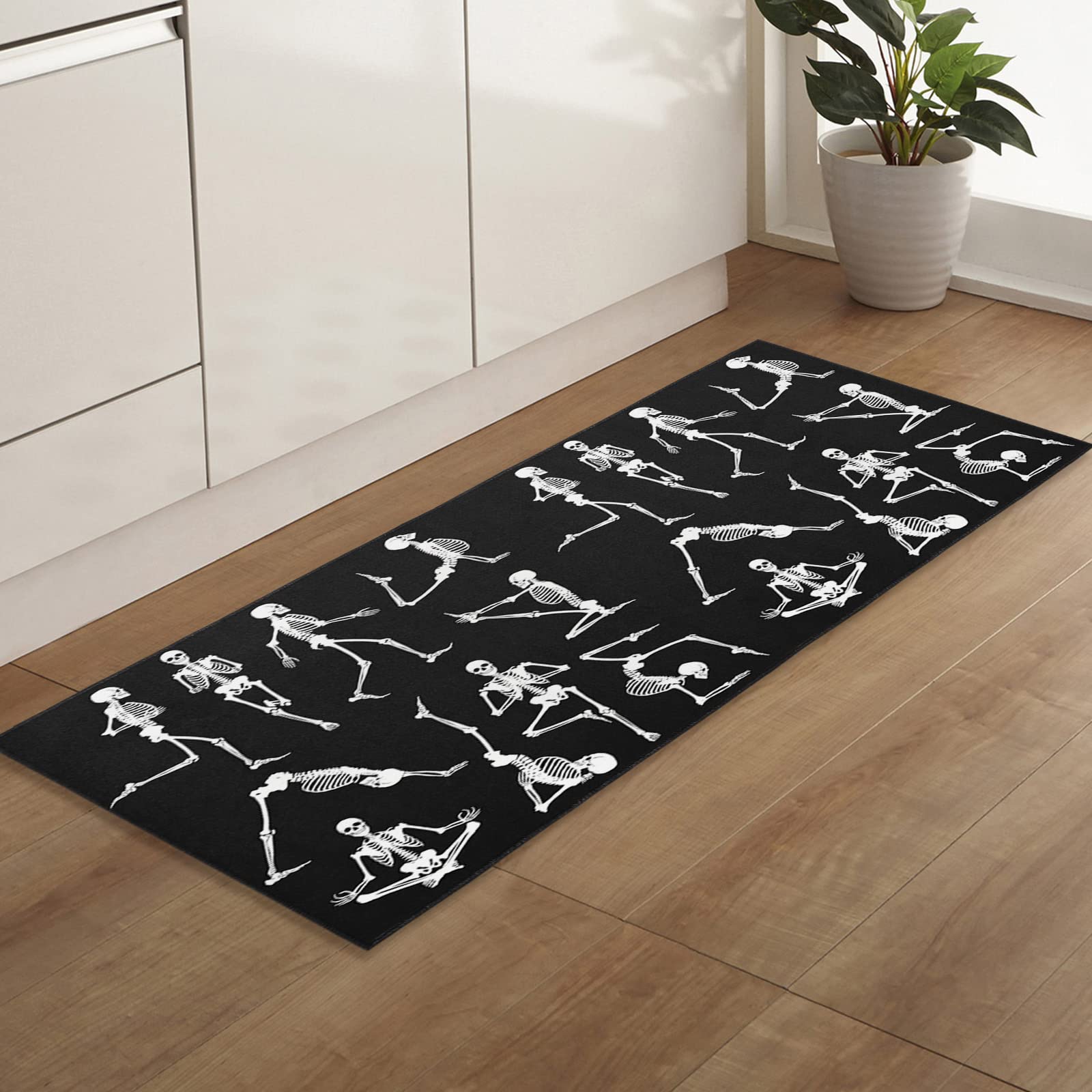 Happy Halloween Funny Skeleton Skull Washable Door Mat - Soft Indoor Bathroom Rug, Non-Slip Kitchen Carpet for Entryway, Yoga & Sports - Black Welcome Mats for Front/Back Door - Perfect for Halloween Decor, Home Entry & Gym Floor Protection