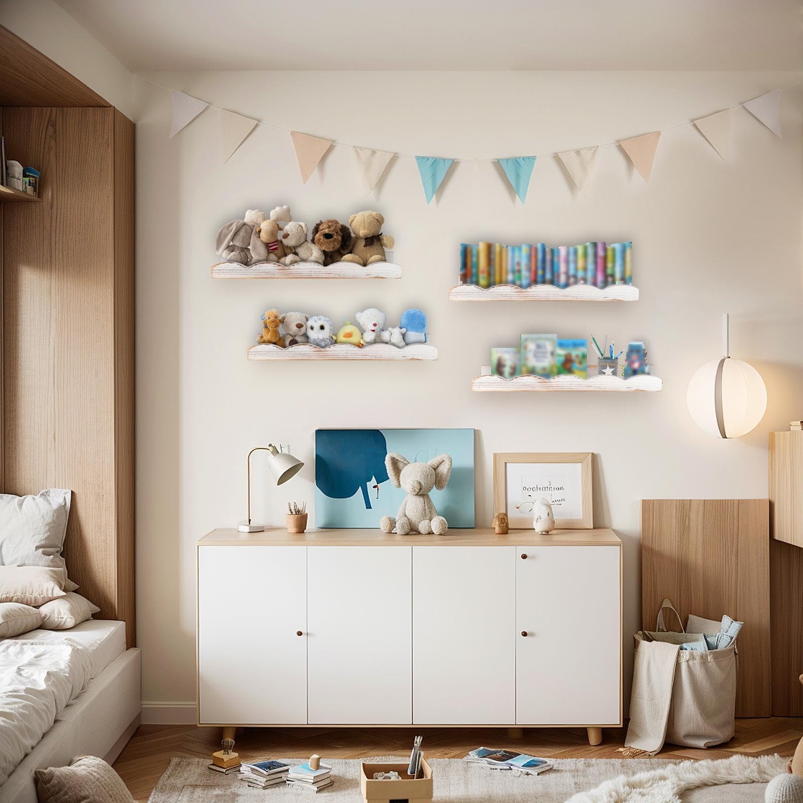 LeeQinersw Floating Nursery Book Shelves - White Wall-Mounted Kids Bookshelf Set (4 Pack) - Scalloped Design for Baby Rooms & Playrooms - Perfect for Organizing Children's Books, Toys, and Decor