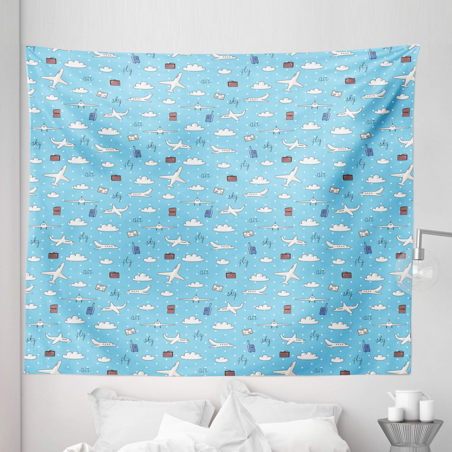 Ambesonne King Size Airport Tapestry - Airplane & Luggage Repeating Pattern Wall Hanging, 104x88 Inch Sky Blue Multicolor Bedspread - Perfect for Bedroom Decor, Dorm Room, or Travel-Themed Party Backdrop
