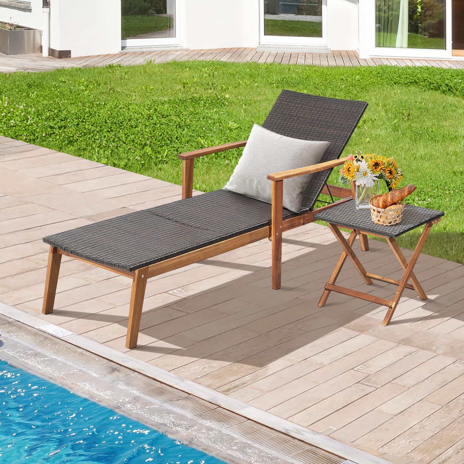 Tangkula 3-Piece Outdoor Patio Furniture Set - Acacia Wood Rattan Chaise Lounge Chairs with Adjustable Backrest & Folding Side Table - Durable Mix Brown Recliner Set for Backyard, Poolside, Garden Relaxation