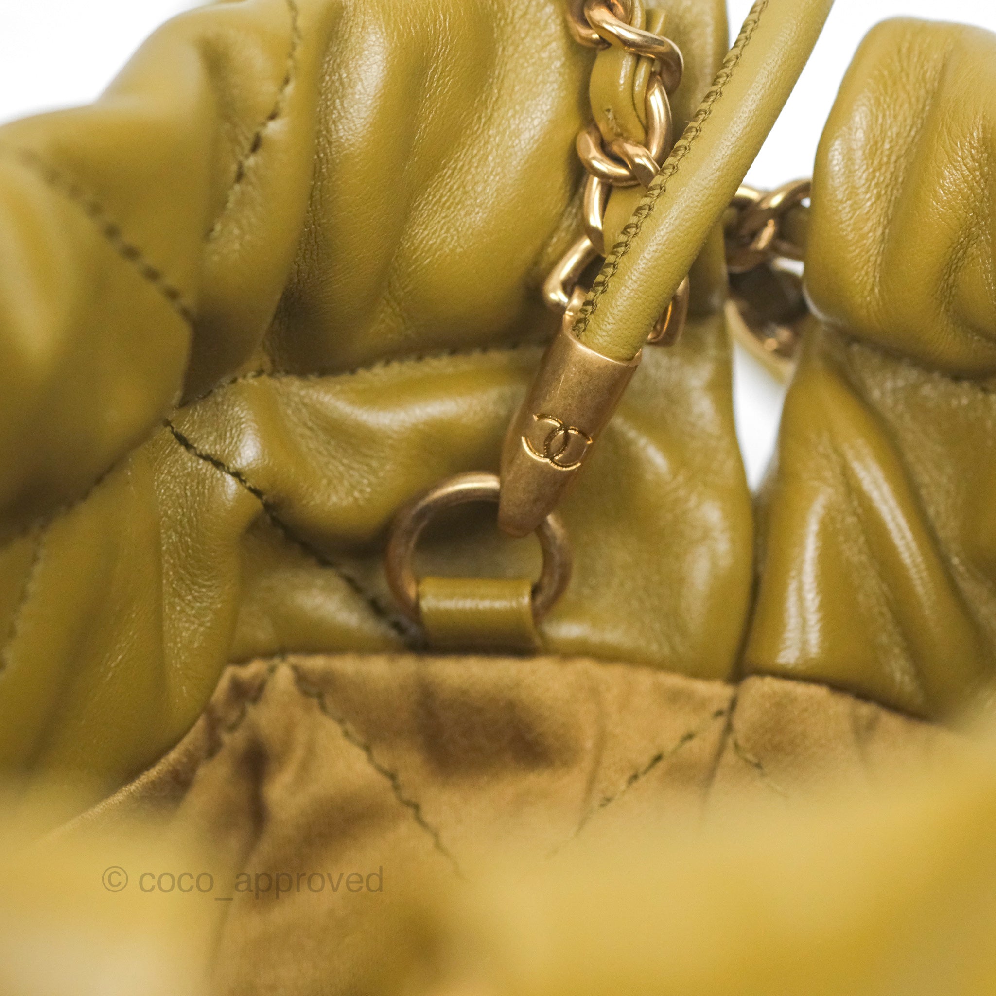 Chanel 22 Mini Bag in Olive Green | Shiny Crumpled Calfskin Leather with Aged Gold Hardware | Luxury Crossbody Purse for Women | Perfect for Date Night & Evening Events