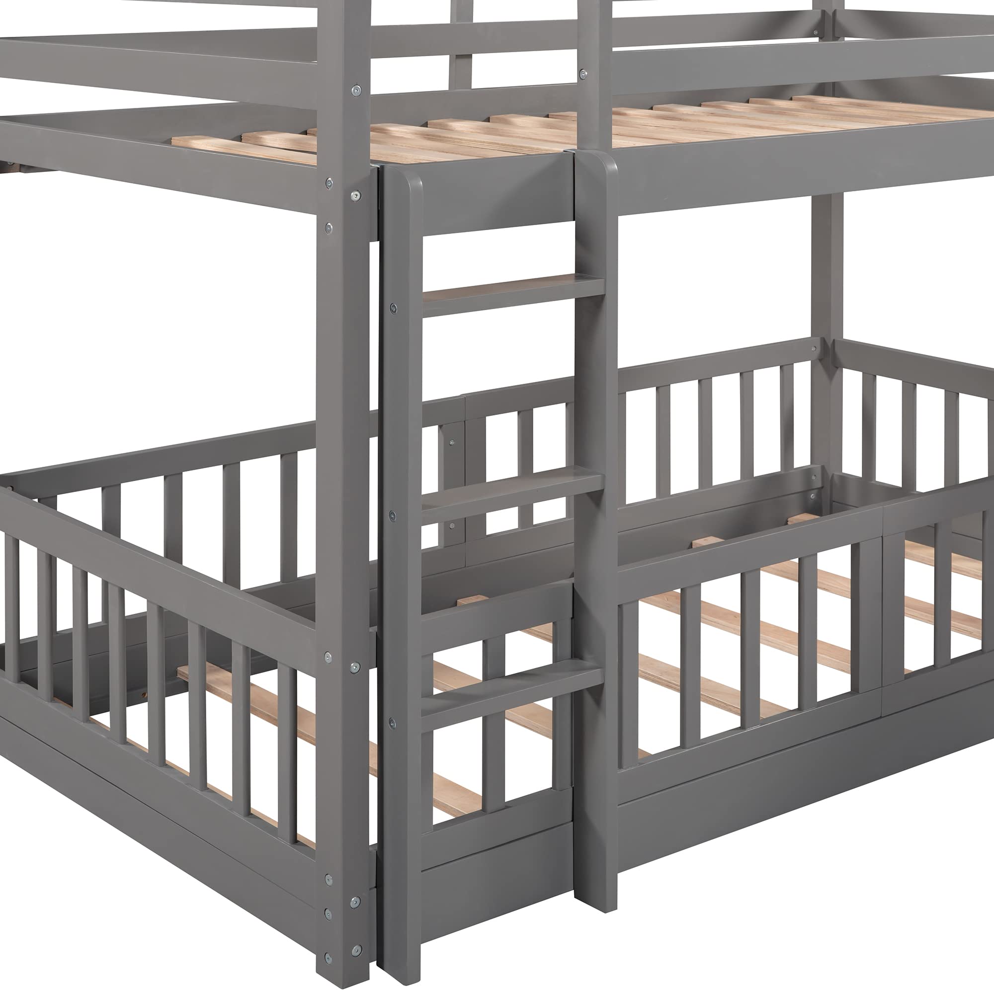 Twin Over Twin Bunk Bed with Safety Guardrail & Convertible Slide - Solid Wood Bunk Bed Frame with Built-in Ladder for Kids, Teens, Boys & Girls - Sturdy Wood Slats Support (Gray) - Perfect for Small Bedrooms, Shared Kids Rooms & Sleepovers