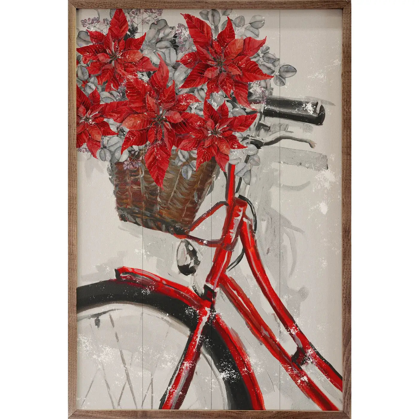 Christmas Bike with Poinsettia Wood Framed Print - Holiday Home Decor & Festive Wall Art for Living Room, Bedroom, Office