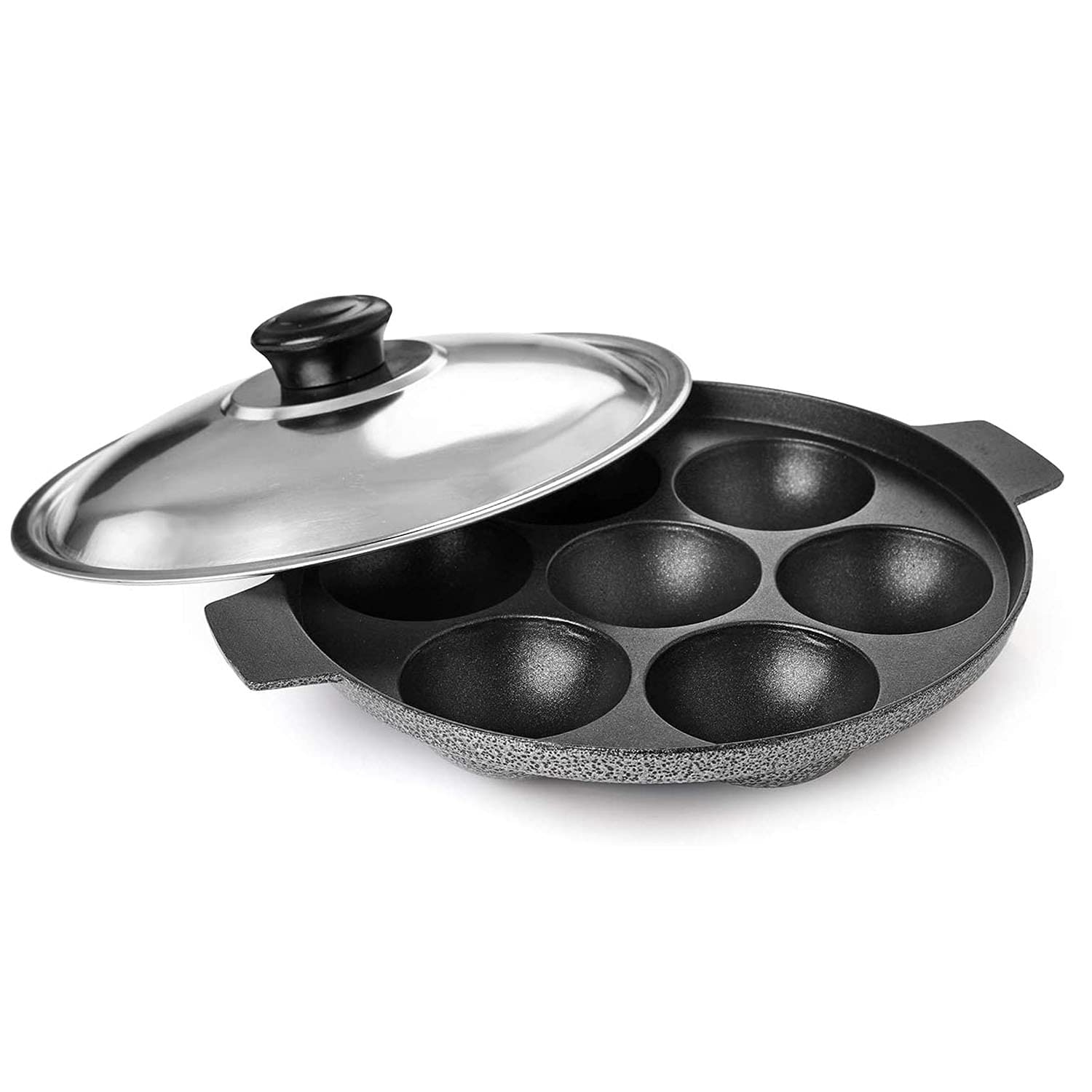 Non-Stick 7-Pit Appam Pan with Stainless Steel Lid - Premium Appam Maker for Indian Breakfast | Perfect for Making Appam, Paniyaram & Traditional South Indian Dishes at Home