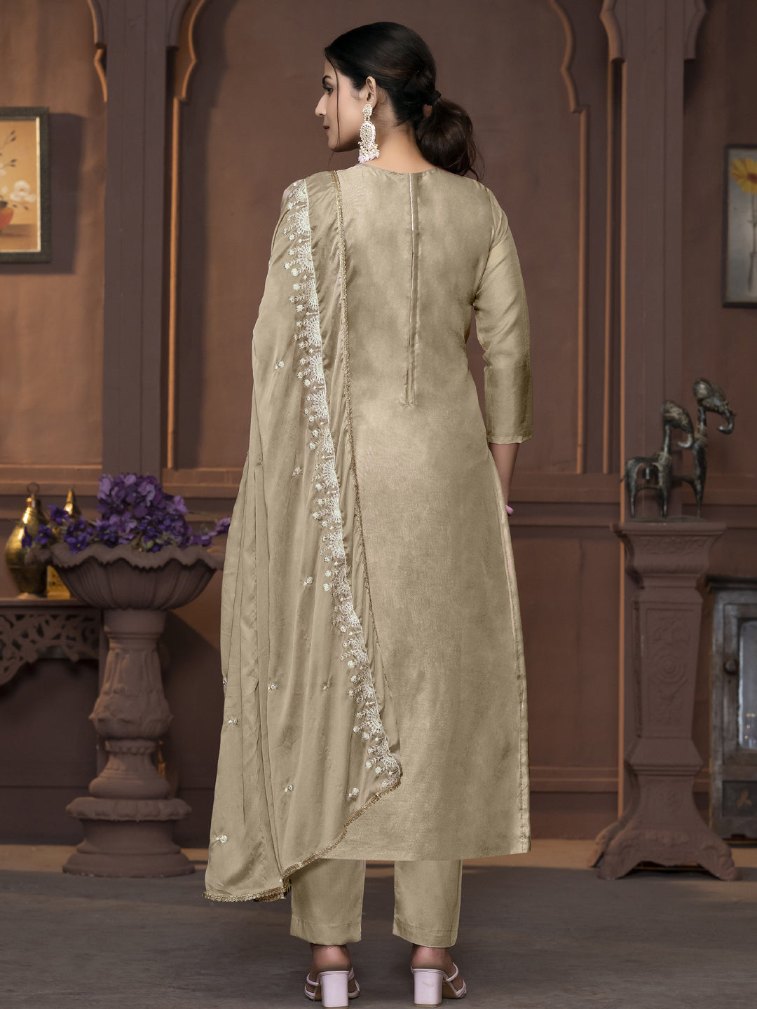 Elegant Beige Party Wear Pant Suit with Pojishan Embroidery Handwork - Formal Outfit for Weddings, Cocktail Parties & Special Occasions