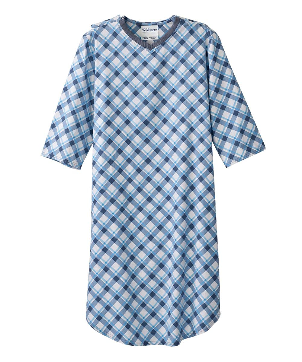 Men’s Open Back Adaptive Flannel Nightgown with Snap Closure - Comfortable Elderly Nightwear for Seniors & Disabled - Ideal for Post-Surgery, Nursing Homes & Easy Dressing