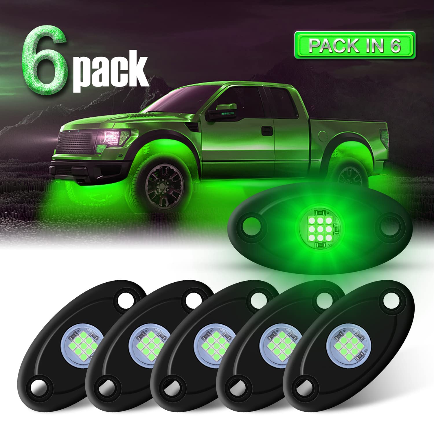 6 Pods LED Rock Lights - Waterproof Underglow Neon Underbody Light Kit for Trucks, Cars, ATV, SUV, Motorcycle & Boat (Green) | Off-Road Adventure, Night Driving, Vehicle Customization
