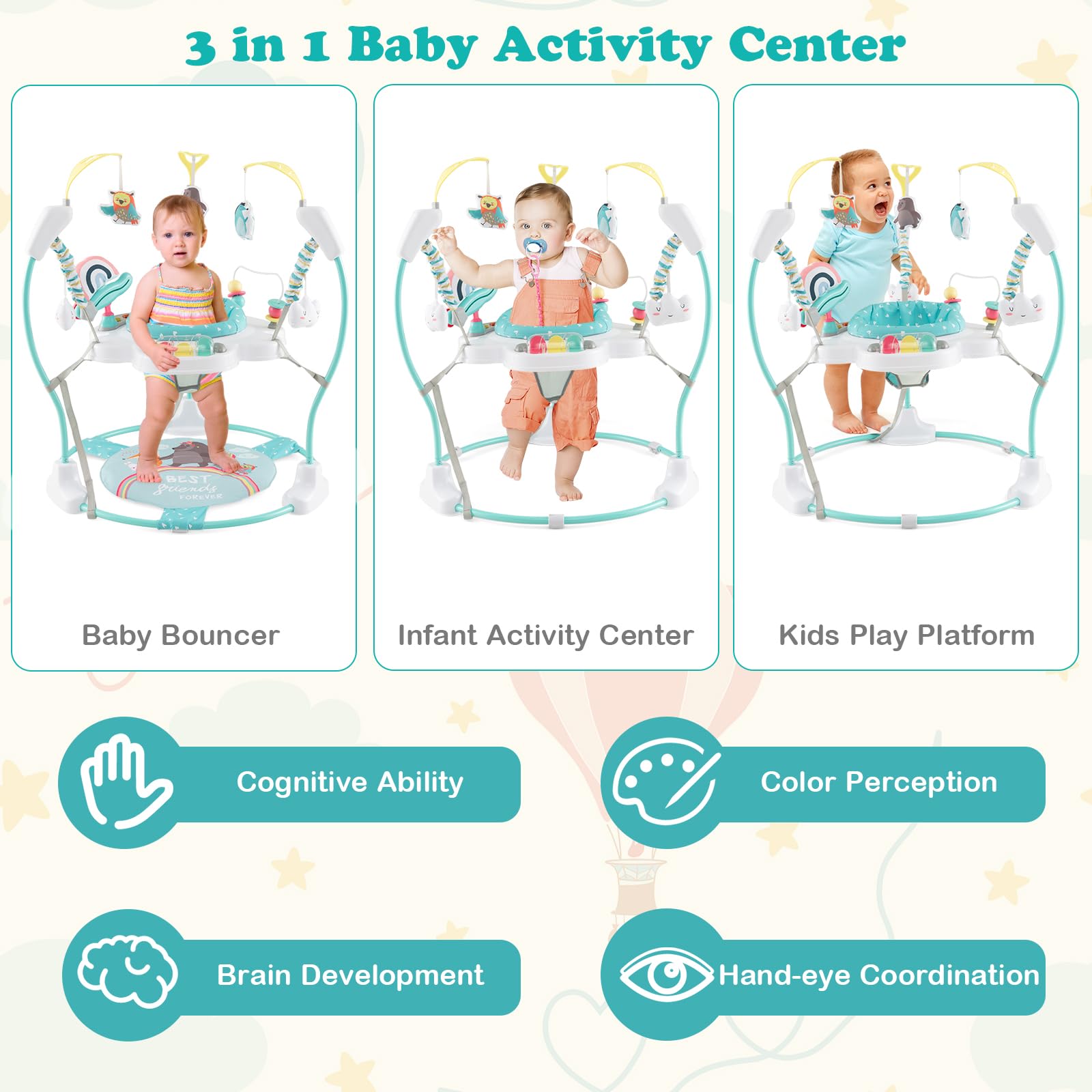 HONEY JOY Baby Bouncer Activity Center - 360° Rotating Jumper Seat with Music, Lights & Developmental Toys for Infants 6+ Months | 3 Height Adjustments, Removable Play Mat | Perfect for Playtime, Learning & Indoor Entertainment (Blue)