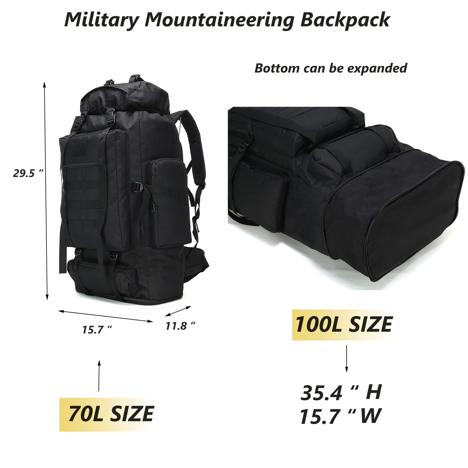 100L Tactical Military Backpack for Men - Waterproof Hiking & Hunting Backpack with MOLLE System, Adjustable Shoulder Straps & Survival Gear Compartment - Perfect for Outdoor Camping, Trekking, Travel & Emergency Preparedness - Durable Rucksack for Adventure Enthusiasts & Survivalists