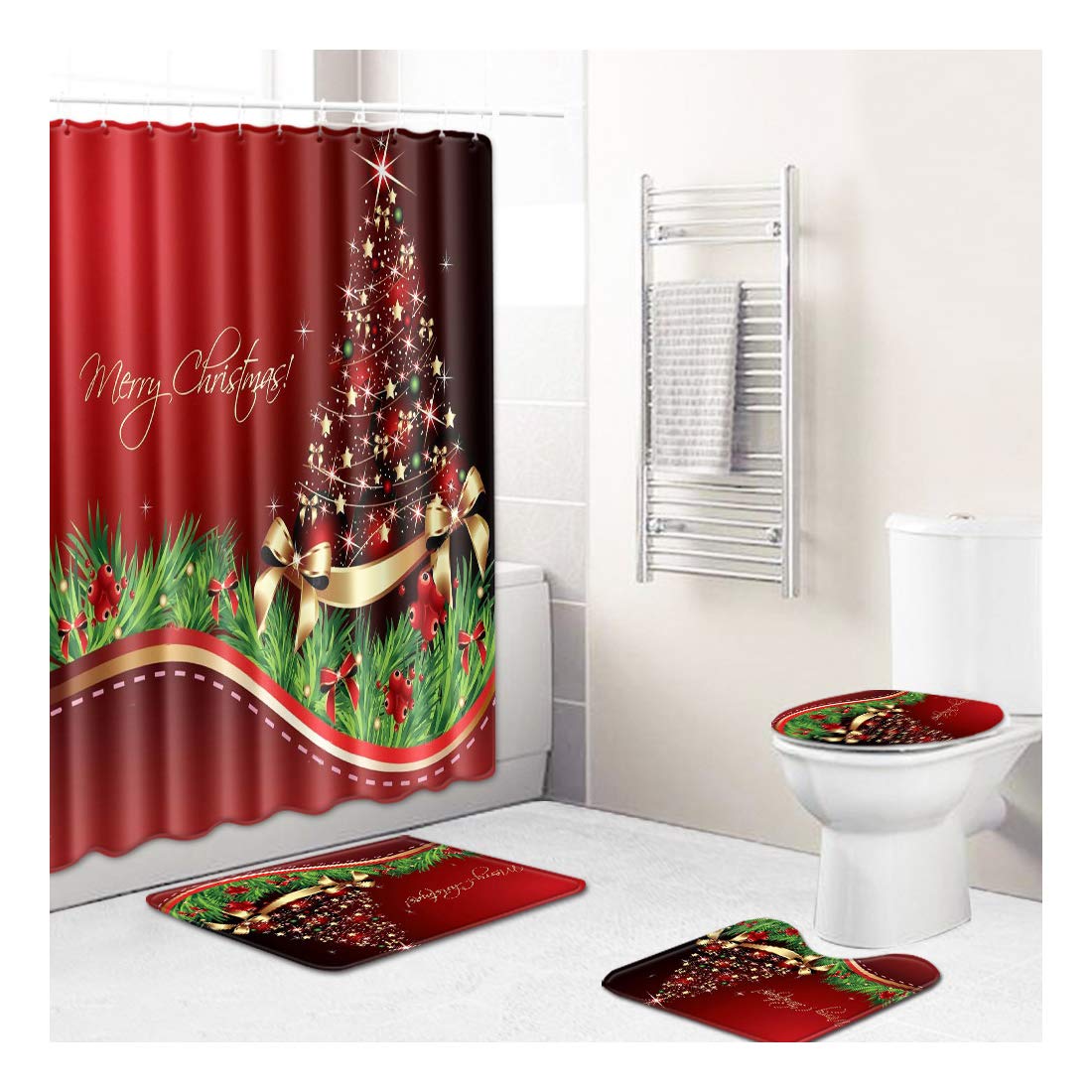 4-Piece Merry Christmas Tree Shower Curtain Set with Non-Slip Bath Rug, Toilet Lid Cover & Bath Mat - Holiday Bathroom Decor for Festive Home Decorating