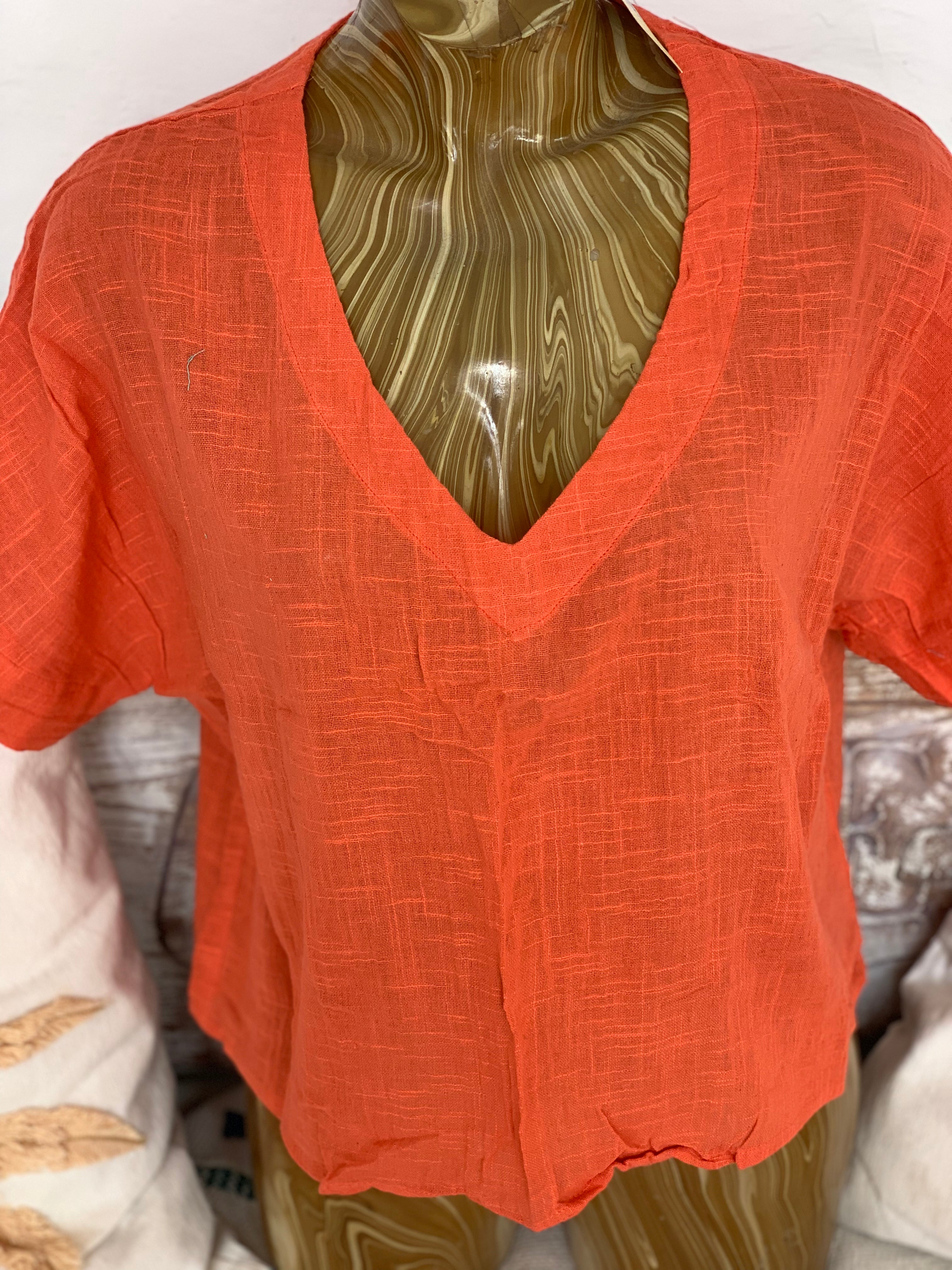 Red Linen V-Neck Shirt Blouse for Women - Casual Summer Top for Work, Travel & Everyday Wear