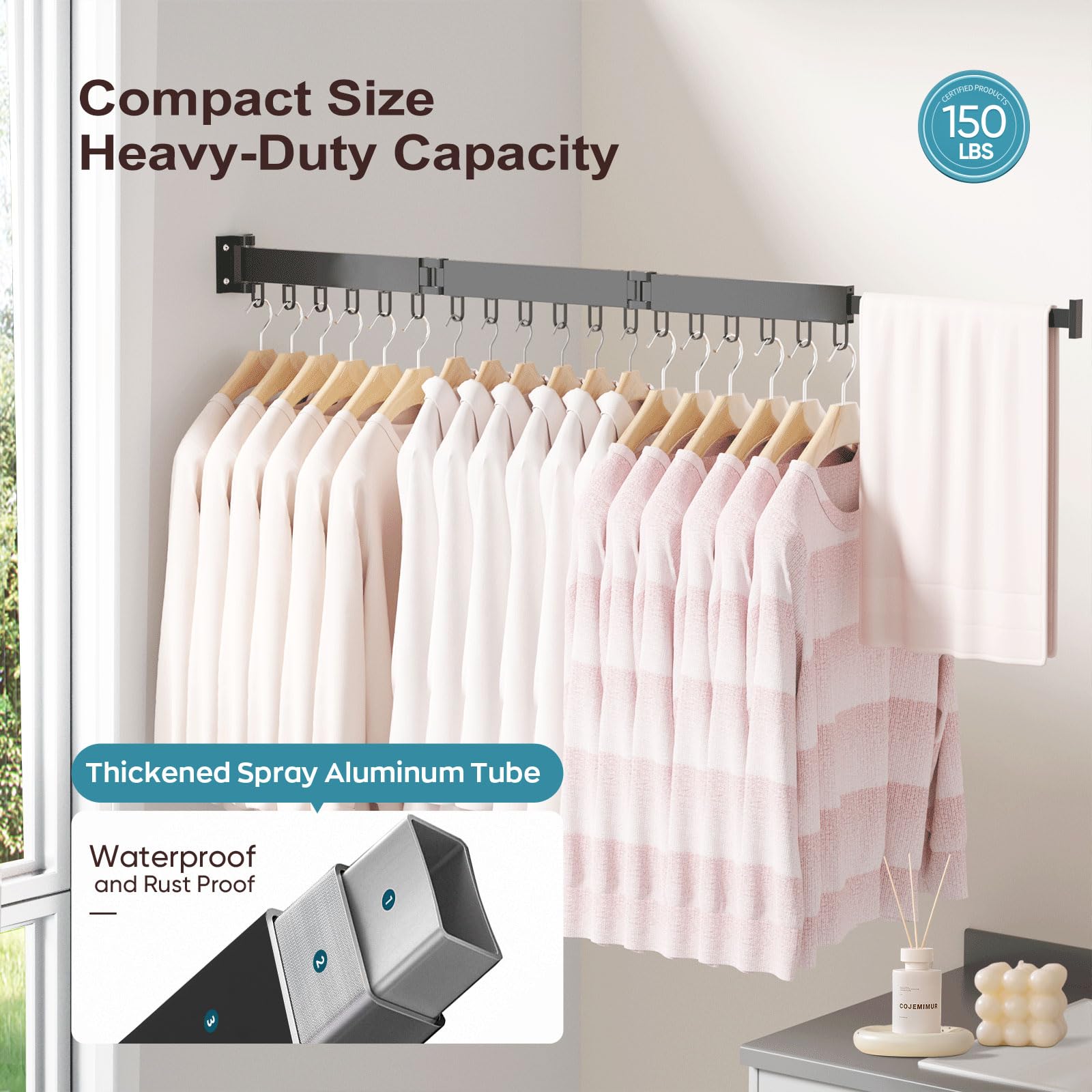 JAUREE Wall Mounted Clothes Drying Rack - Foldable Collapsible Laundry Rack with 18 Hooks, Space Saving Tri-Fold Retractable Design for Indoor & Outdoor Use - Perfect for Apartments, Balconies, and Small Spaces (Black)