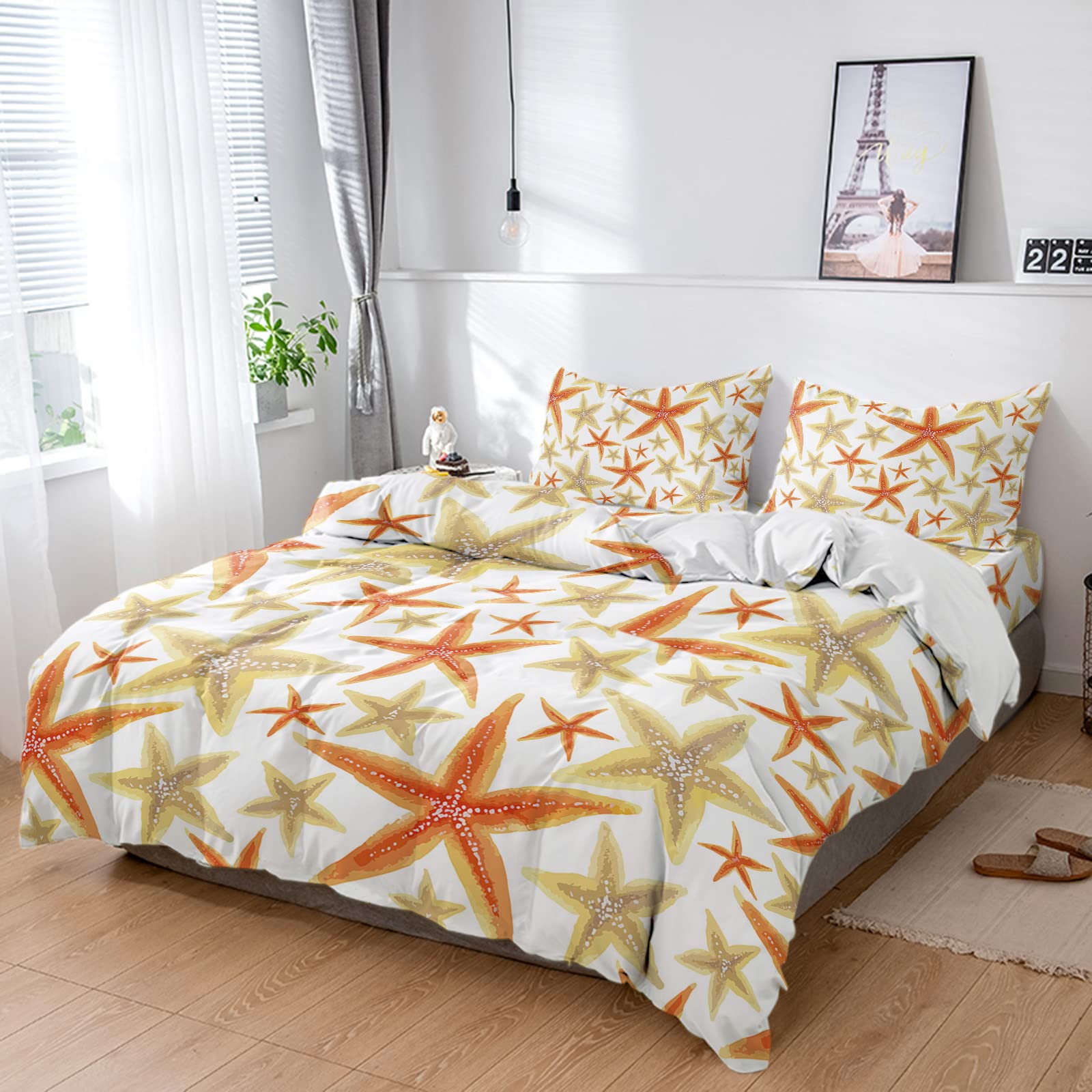 4-Piece Full Duvet Cover Set - Ultra Soft Washed Microfiber Bedding with Zipper Closure | Ocean Starfish & Sea Creatures Watercolor Design in Orange & Yellow | Perfect for Summer, Guest Rooms & Coastal-Themed Bedrooms
