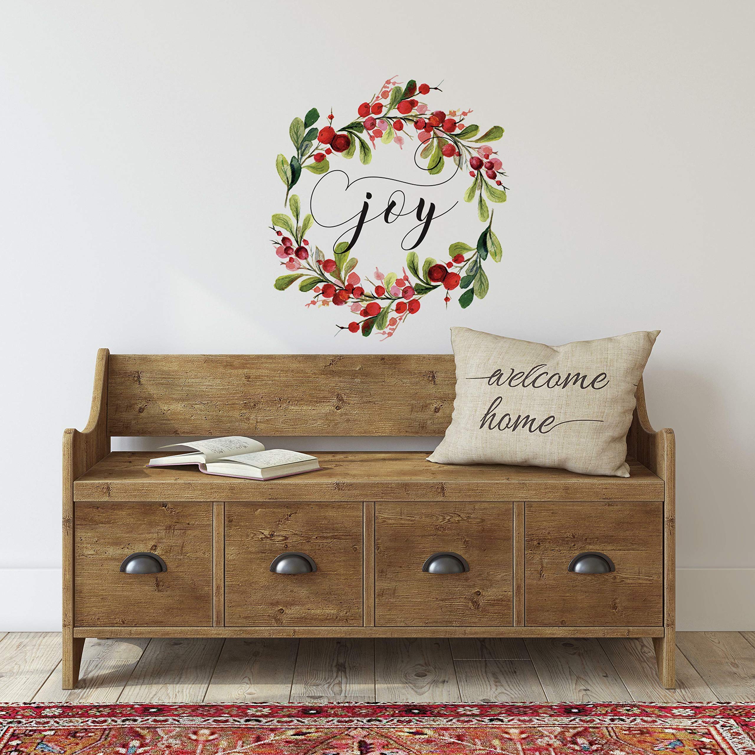 RoomMates RMK4480GM Merry Christmas Wreath Peel and Stick Wall Decals - Holiday Home Decor for Living Room, Bedroom & Office - Easy to Apply & Remove Seasonal Stickers