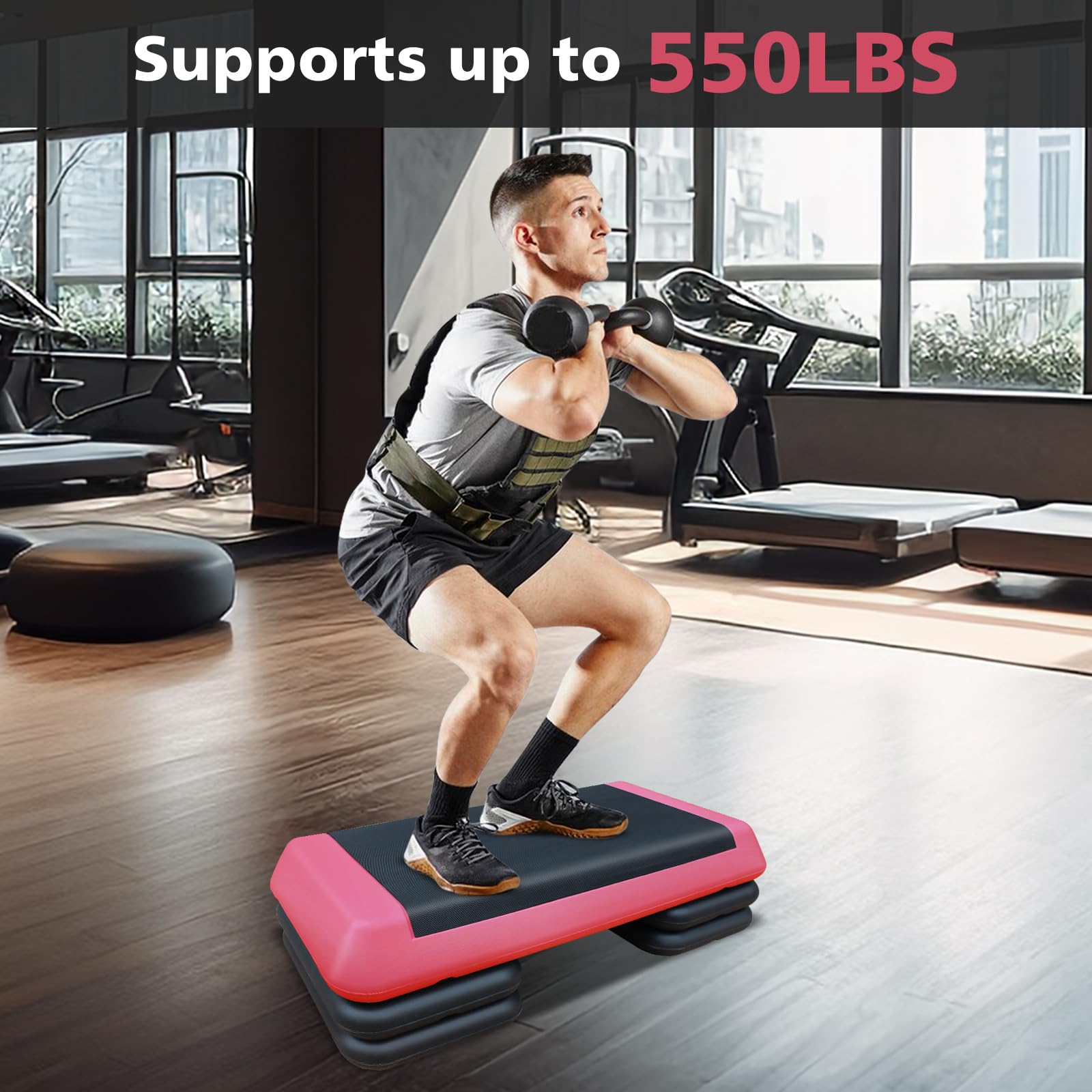 28.5'' Adjustable Aerobic Step Platform with 4 Stackable Risers (4-6-8in Height) - Home Gym Cardio & Strength Training Equipment for Fitness, Aerobics, HIIT Workouts - Perfect for Home Exercise, Group Classes & Personal Training (Red & Gray)